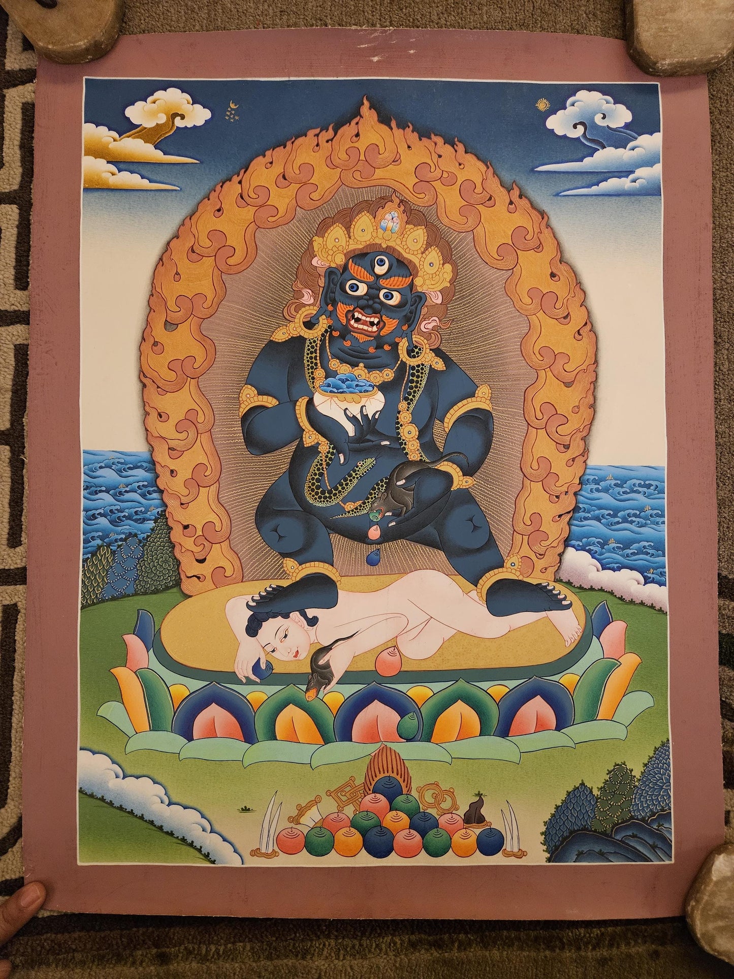 12. Black Jambhala or Dzambhala Thangka (Thanka). Free Brocade / Free Shipping.