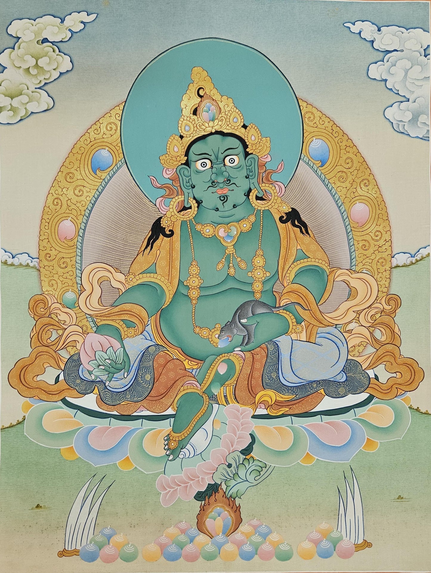 396. Green Jambhala or Zambhala Thangka (Thanka). Free Brocade / Free Shipping.