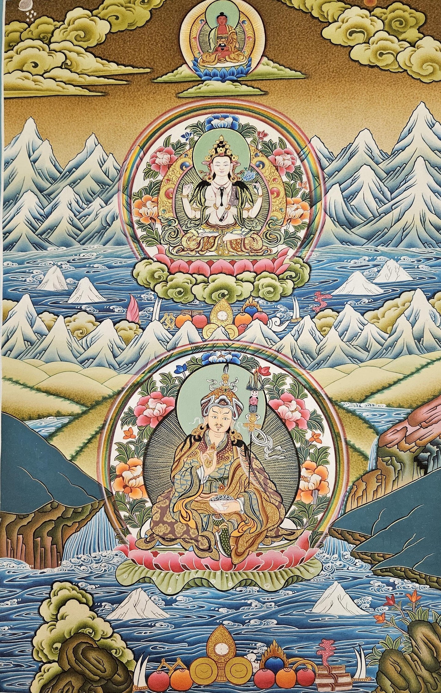 360. Triratna (Guru Rinpoche, Amitabha, Chenrezig) Thangka (Thanka). Free Shipping.