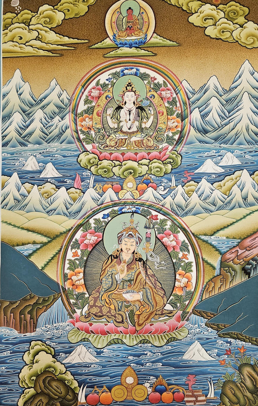 360. Triratna (Guru Rinpoche, Amitabha, Chenrezig) Thangka (Thanka). Free Shipping.
