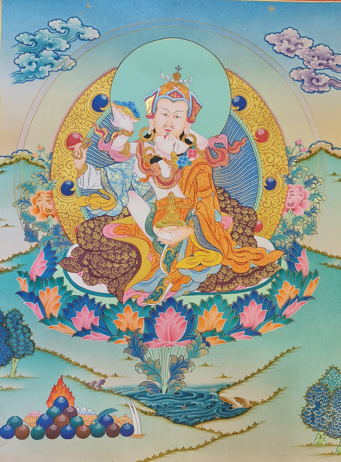 175. Guru Rinpoche Consort with Yeshe Tsogyal Thanka (Thangka). Free Brocade / Free Shipping.