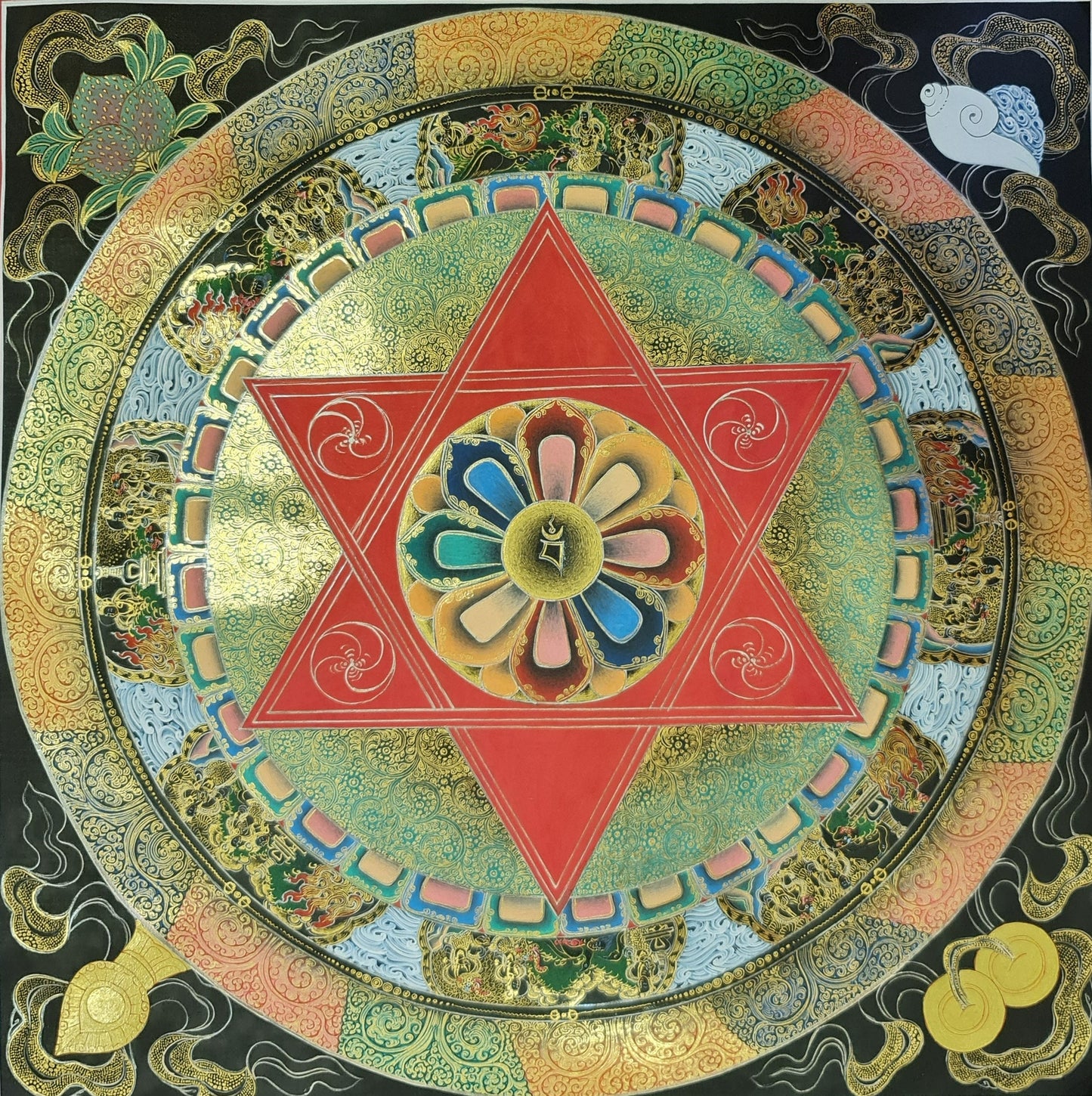 93. Black and 24 K Gold Mandala Thangka (Thanka). Free Brocade / Free Shipping.