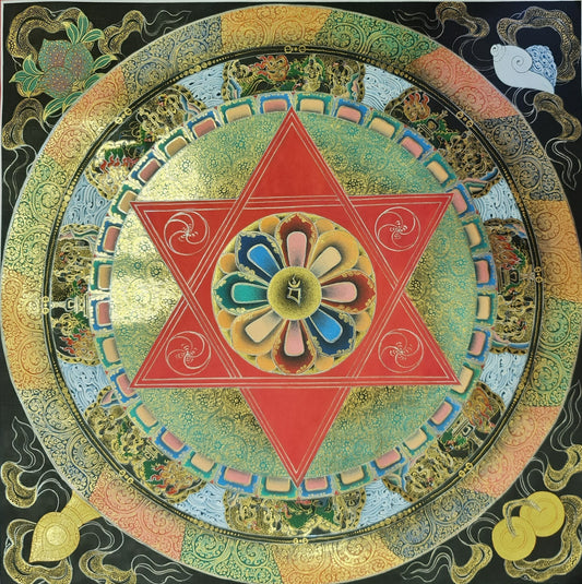 93. Black and 24 K Gold Mandala Thangka (Thanka). Free Brocade / Free Shipping.