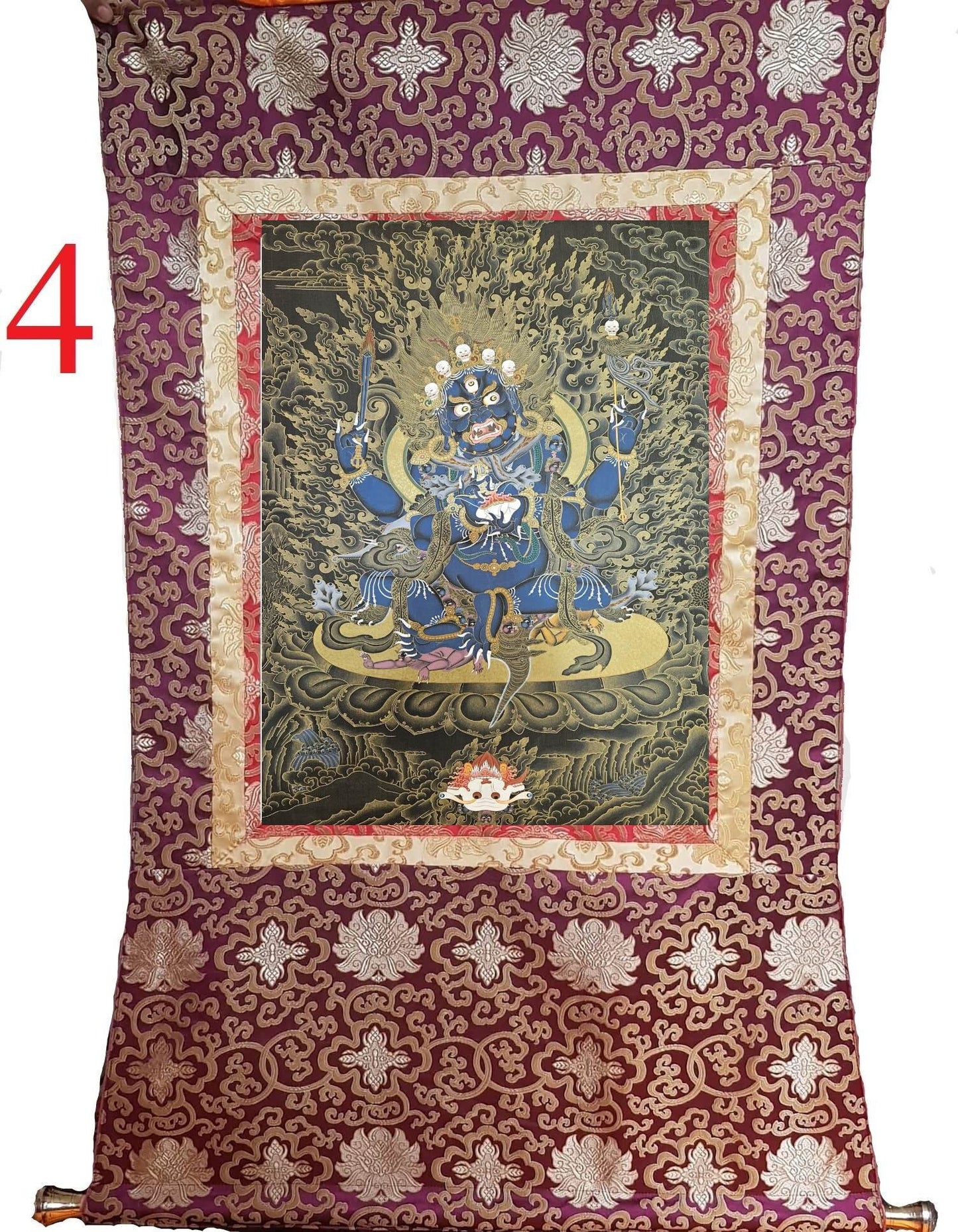 213. 4 Arm Mahakala Thanka (Thangka).  Free Brocade / Free Shipping.