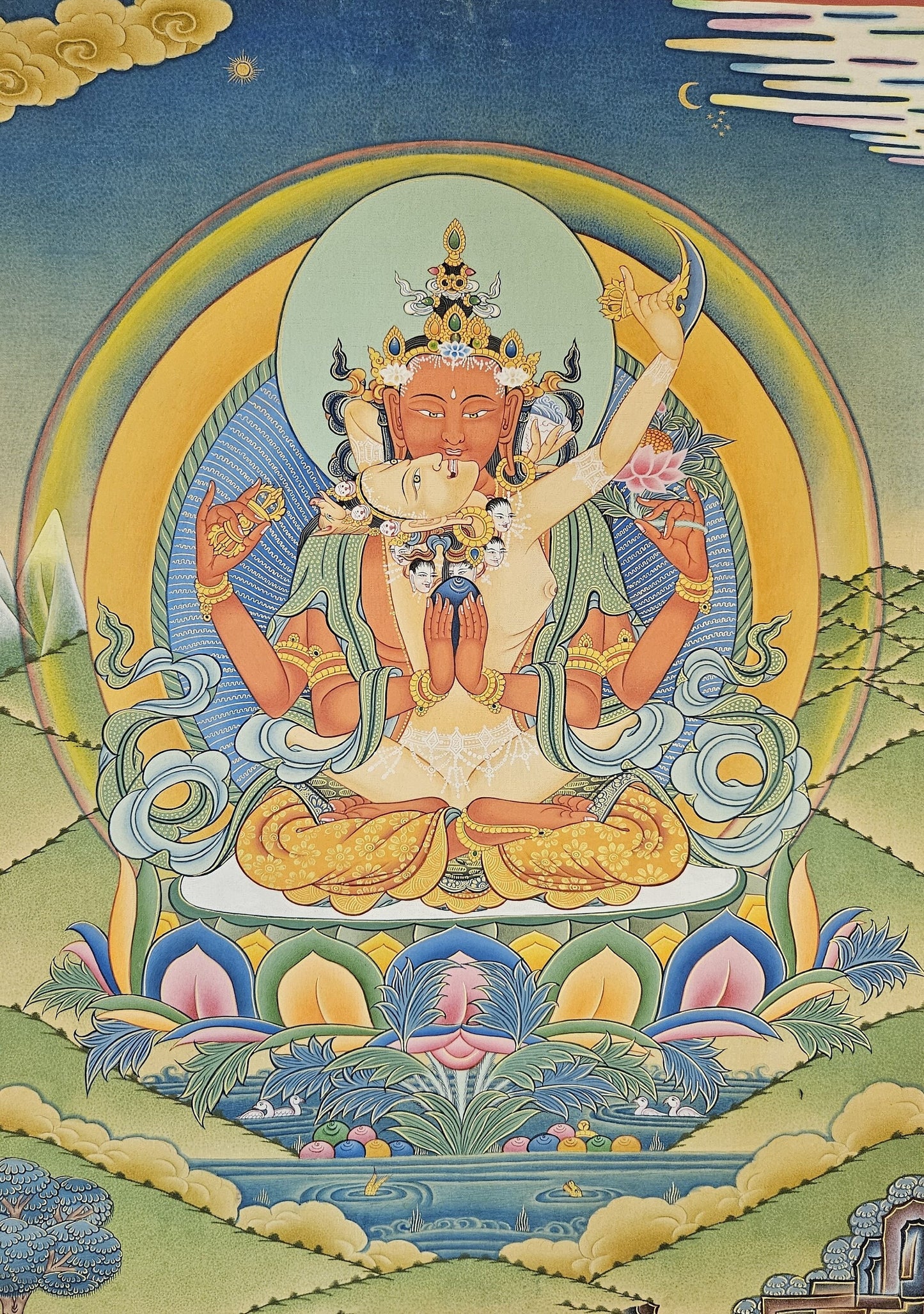 327. Gyalwa Gyatso (Red Chenrezig - Consort) Thangka (Thanka).  Free Brocade / Free Shipping.