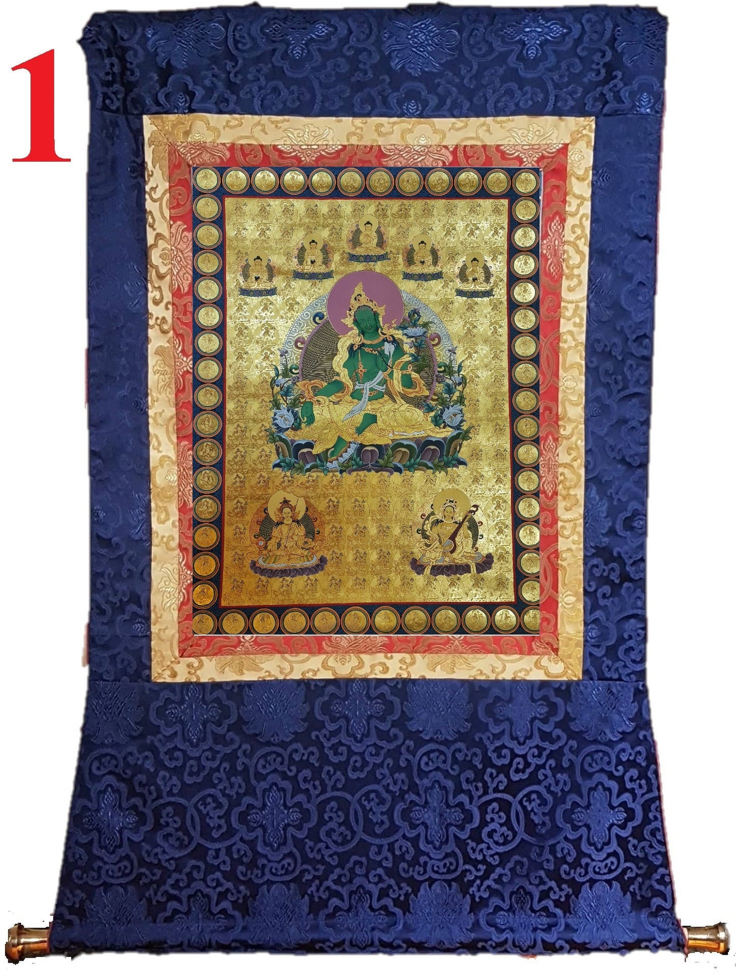 233. 108 Gold Green Tara Thangka (Thanka). Free Brocade / Free Shipping.