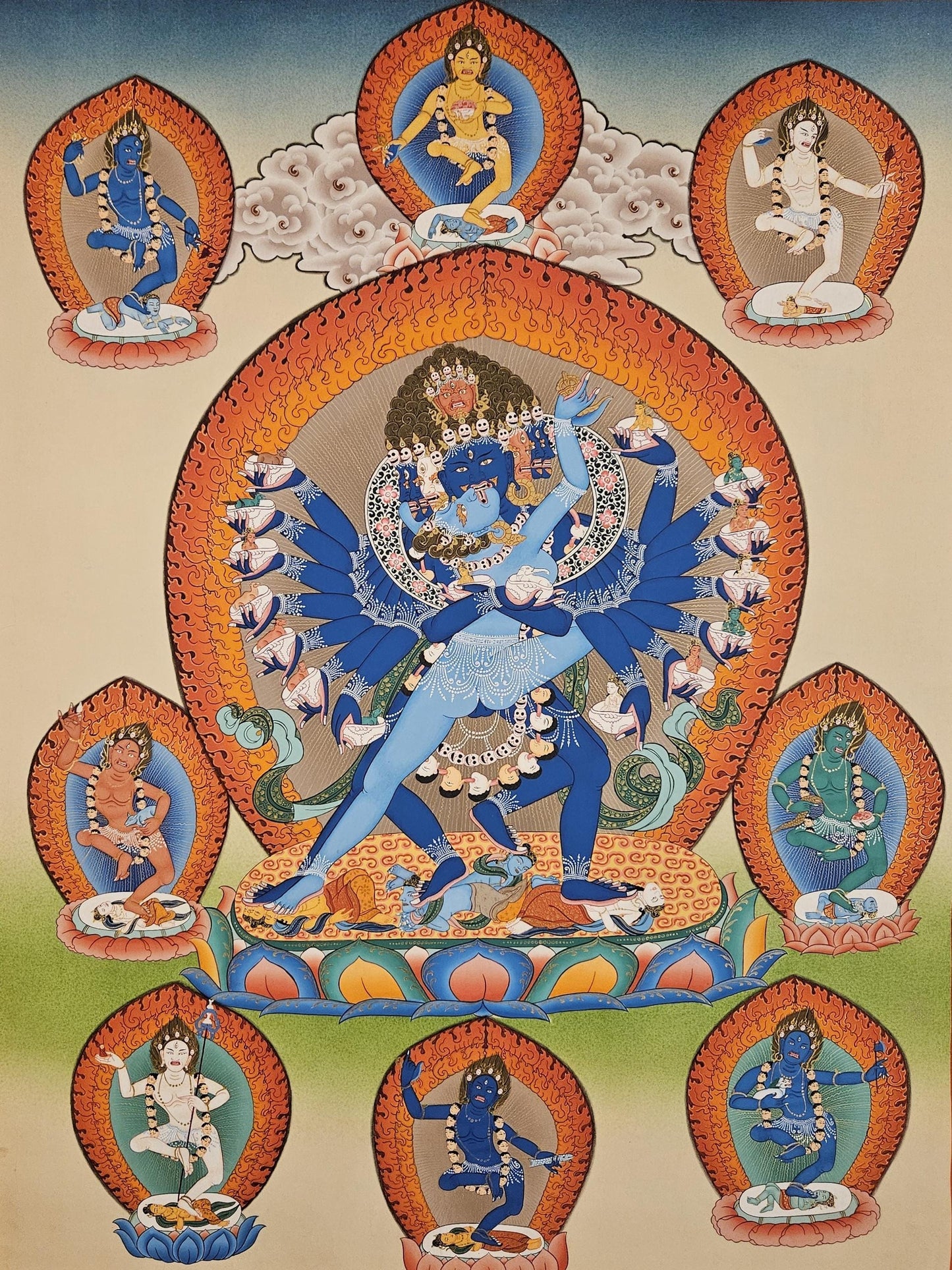 365. Shri Hevajra with Eight (8) Daikinis Marpa Transmission Thangka (Thanka). Free Brocade / Free Shipping.