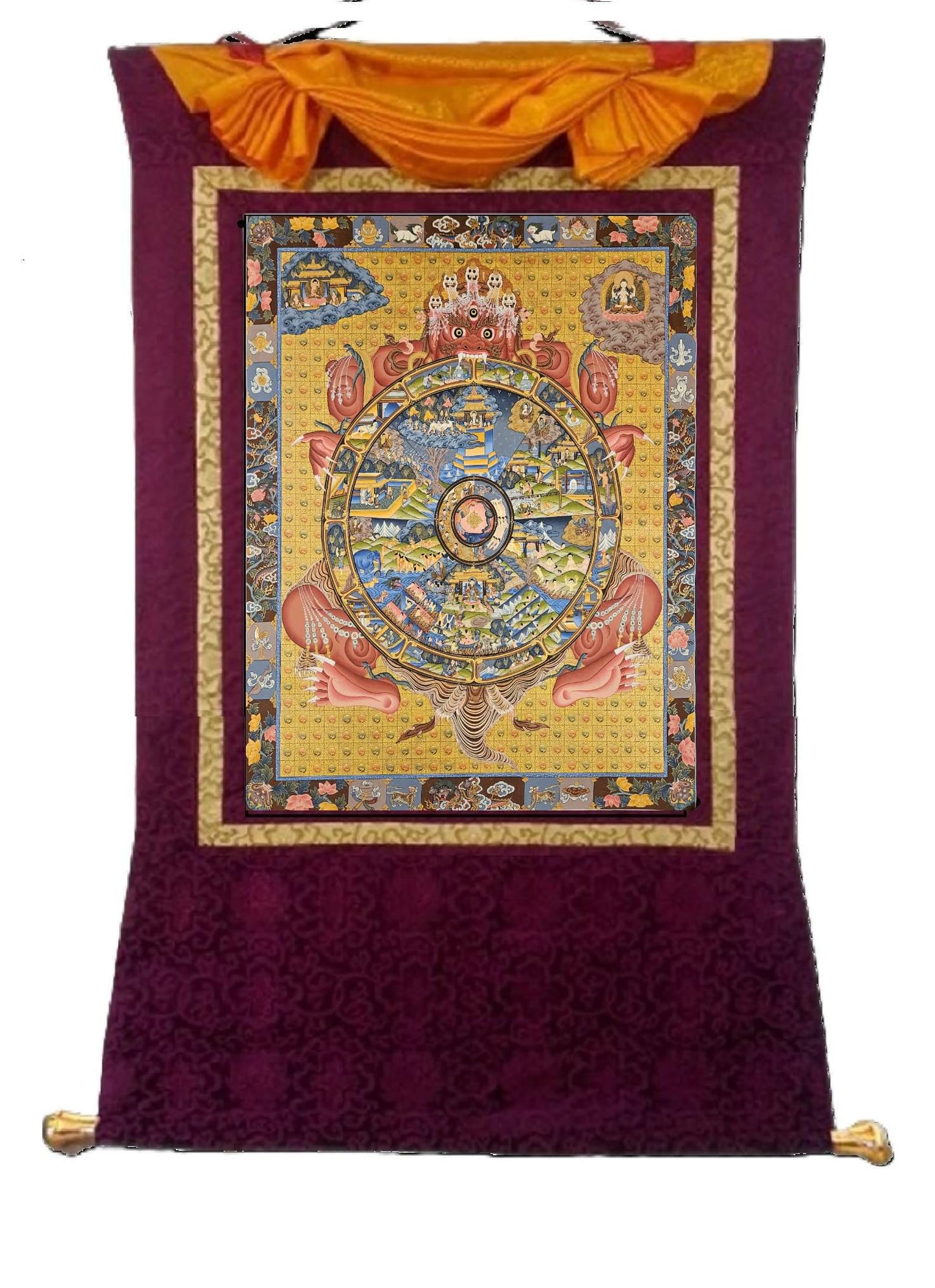 384. 20 Year Old Wheel of Life (Samsara) Thangka (Thanka). Free Brocade / Free Shipping.