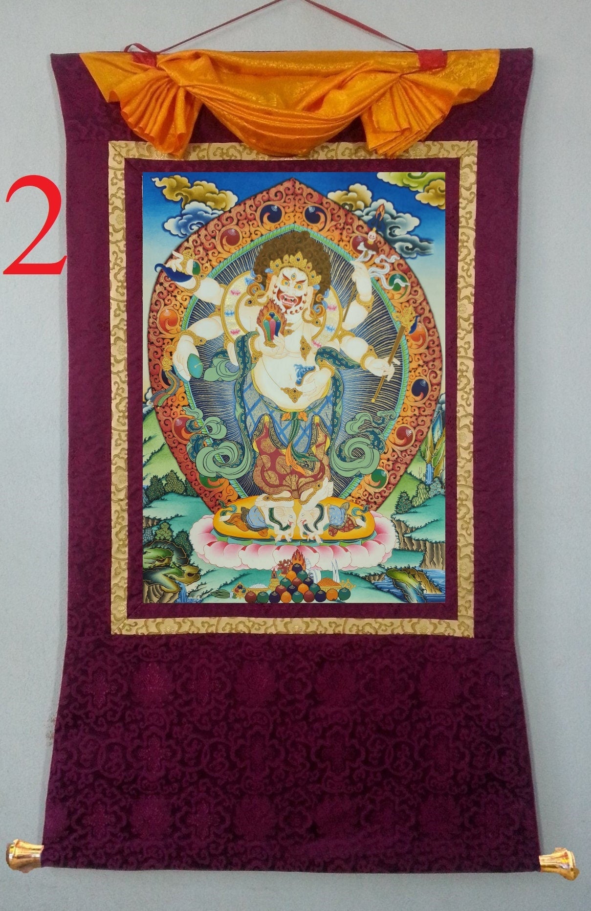 154. White Mahakala Thangka (Thanka). Free Brocade / Free Shipping.