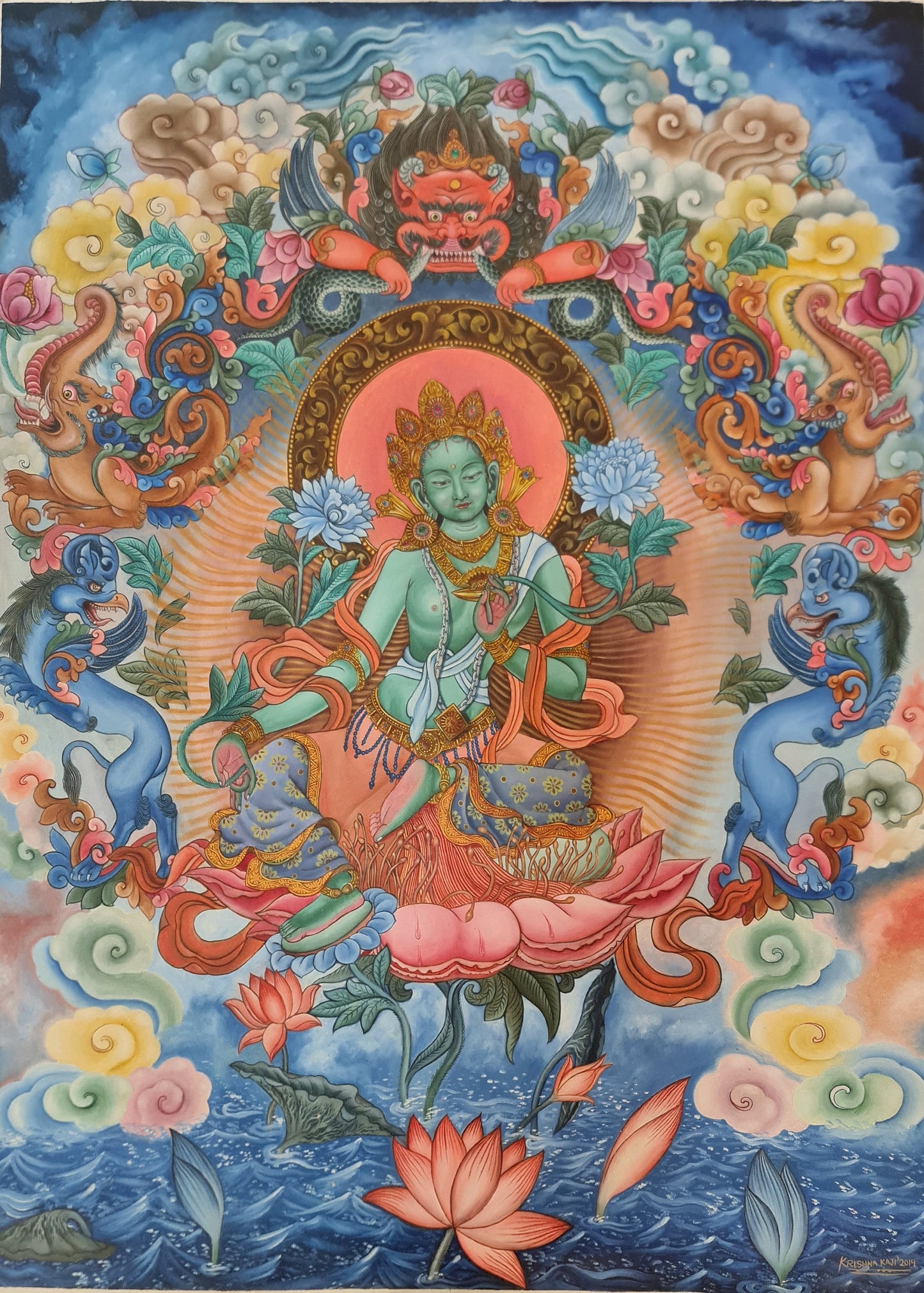 Newari Green Tara Thangka (Thanka) Newari Oil Painting Paubha in Canvas. Signed by the Artist. Free Shipping.