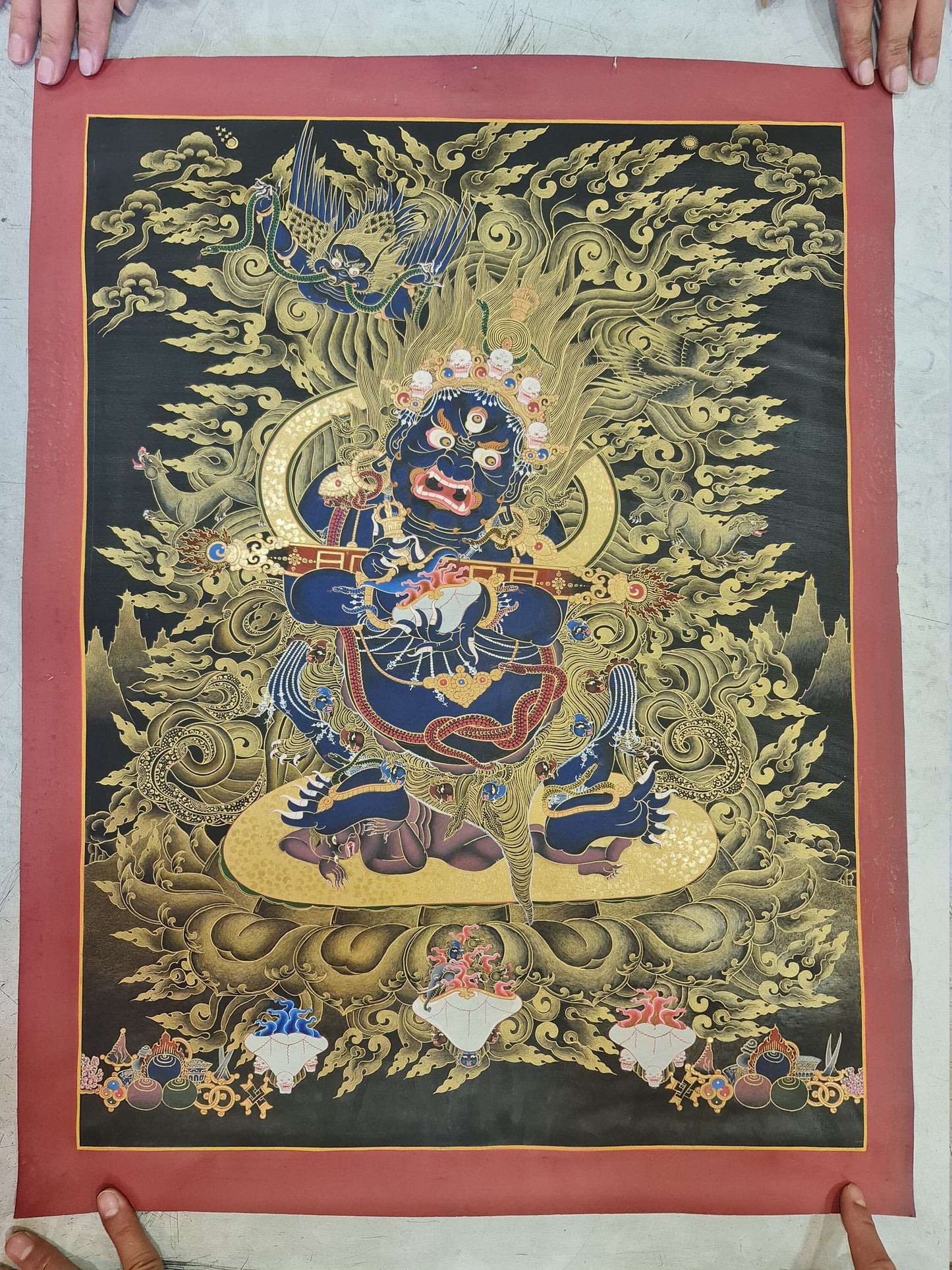 238. Panjarnata Chaturbhuja Shakya Legden Mahakala Thangka (Thanka). Free Brocade / Free Shipping.
