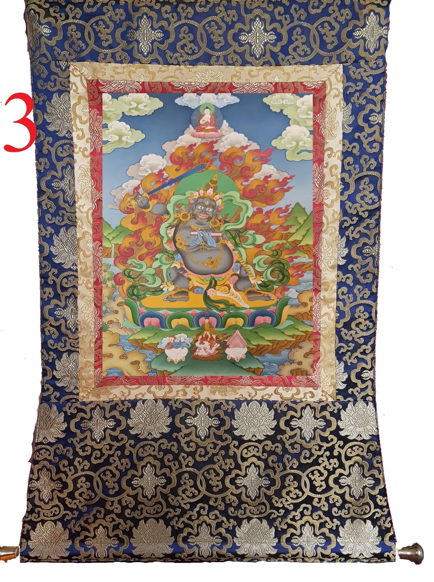 273. The Disease Specialist Black Manjushree (Manjushri) Thangka (Thanka). Free Brocade / Free Shipping.