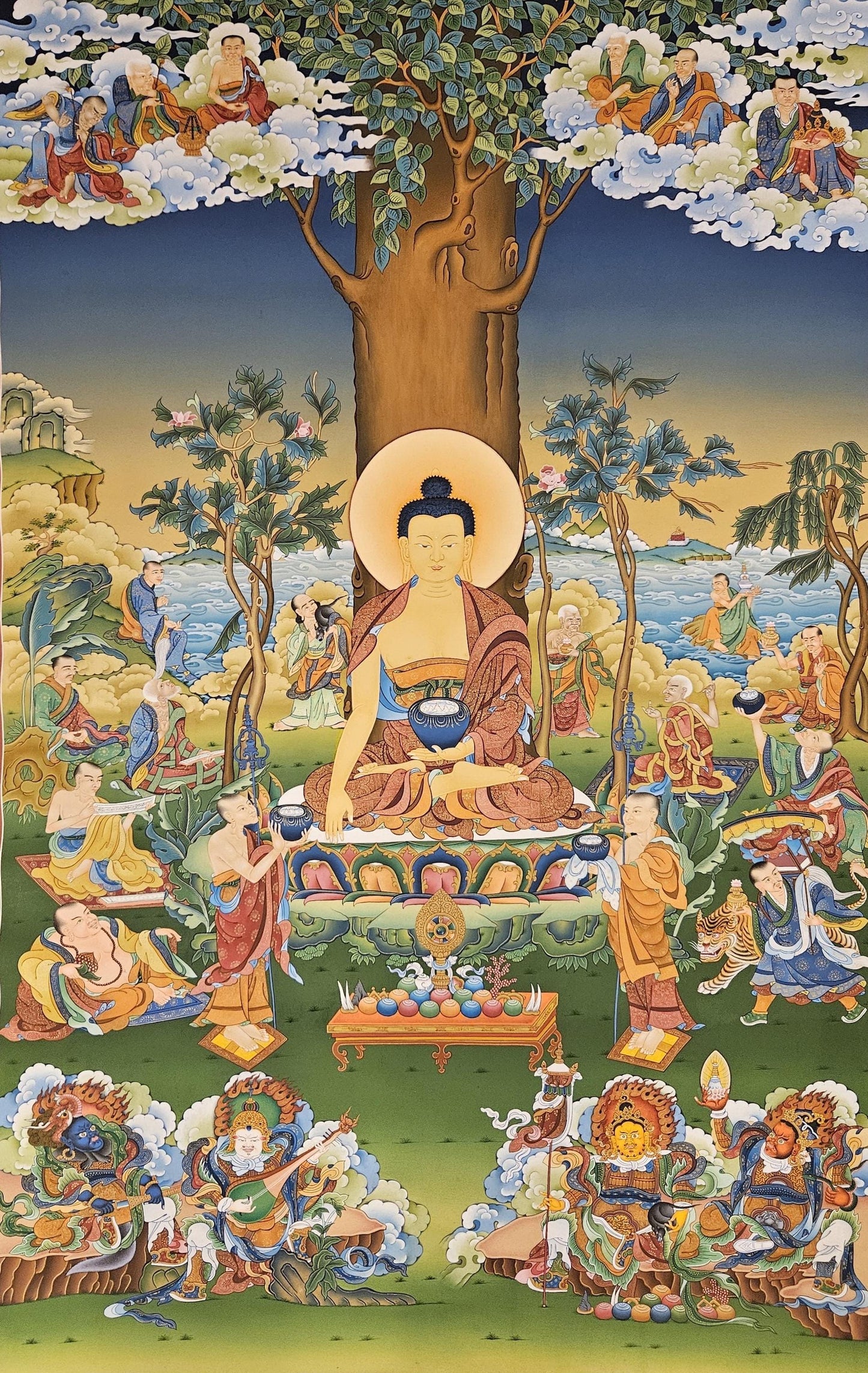 355. 16 Arhats (Arahats) Thangka (Thanka). Free Brocade / Free Shipping.