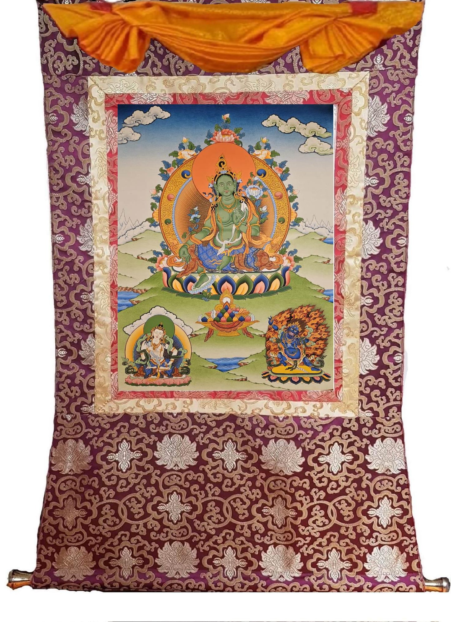 361. Green Tara with Vajrasattva and Vajrapani (Ayang Rinpoche) Thangka (Thanka). Free Brocade / Free Shipping.