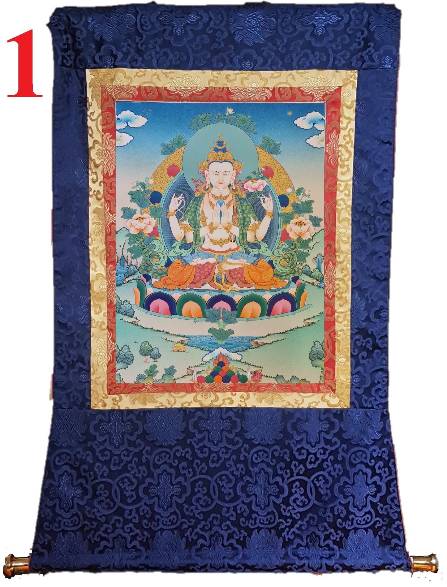 171. Chenrezig Thangka (Thanka).  Free Brocade / Free Shipping.