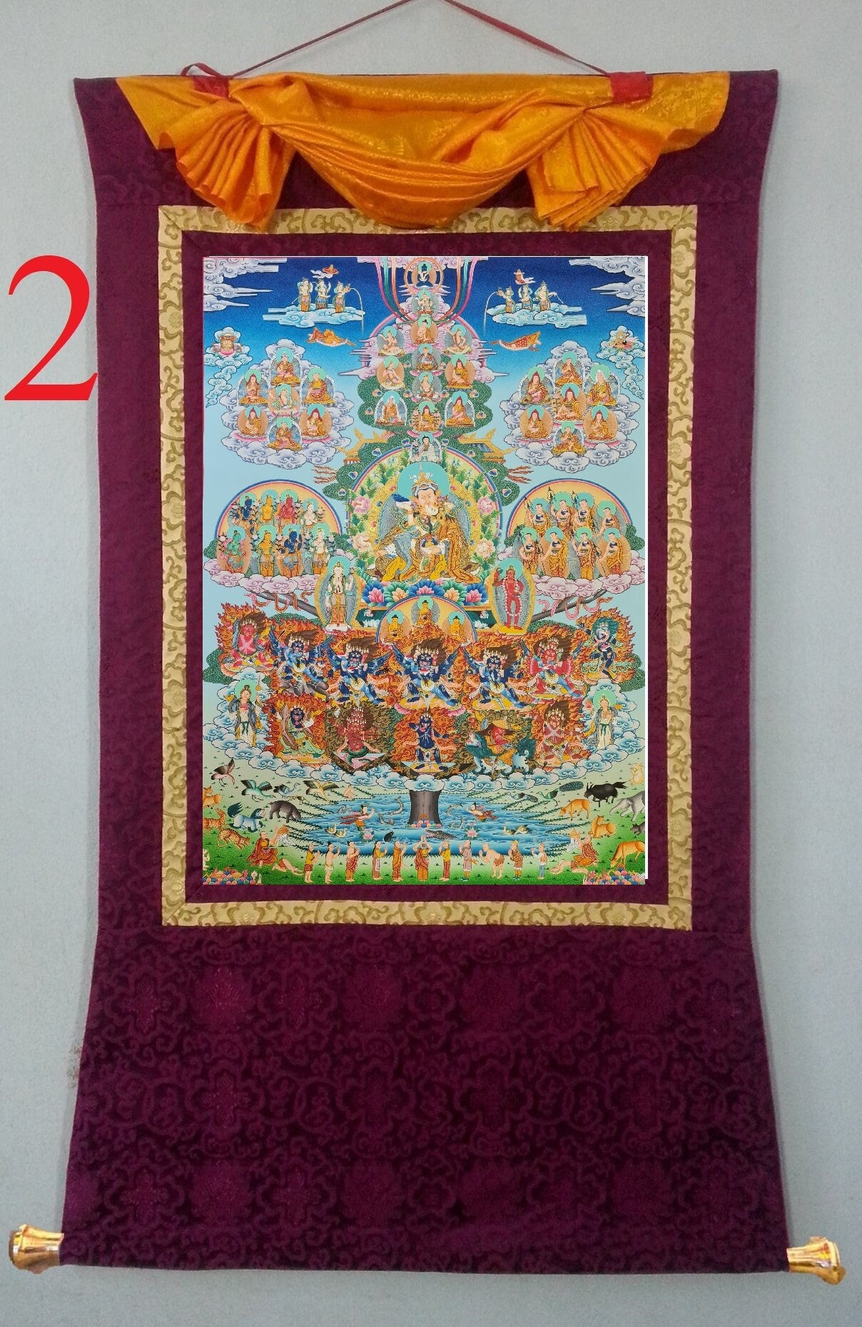 229. Nyingma Lineage Tree Longchen Nyingtik Thangka (Thanka) Painting with 24 K Gold. Free Brocade / Free Shipping.