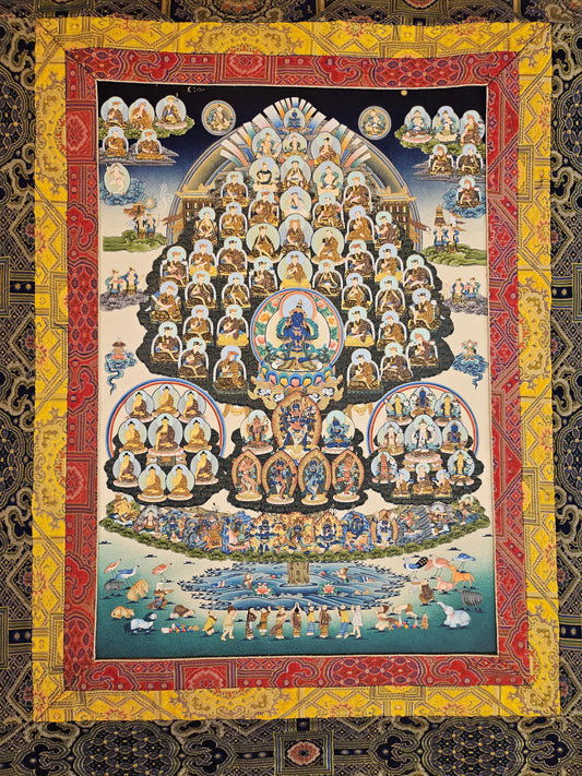 230. Karma Kagyu Lineage Tree Thangka (Thanka) Painting with 24 K Gold and Hand Loomed Khadi Brocade. Free Shipping.