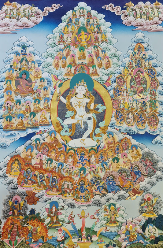 232. Machig Labdron Lineage Tree Thangka (Thanka) Painting with 24 K Gold. Free Brocade / Free Shipping.