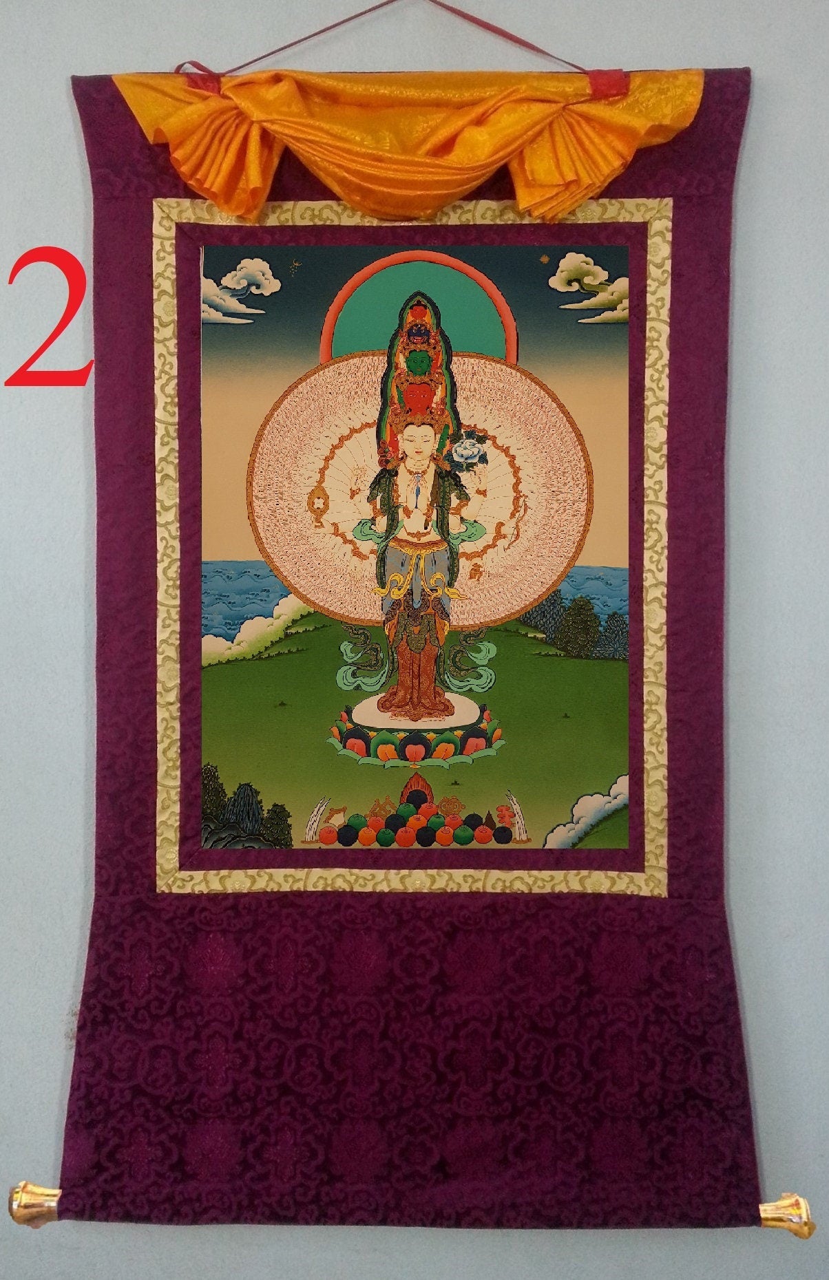 34. 1000 (Thousand) Arm Chenrezig Avalokiteshvara Thangka (Thanka). Free Brocade / Free Shipping.
