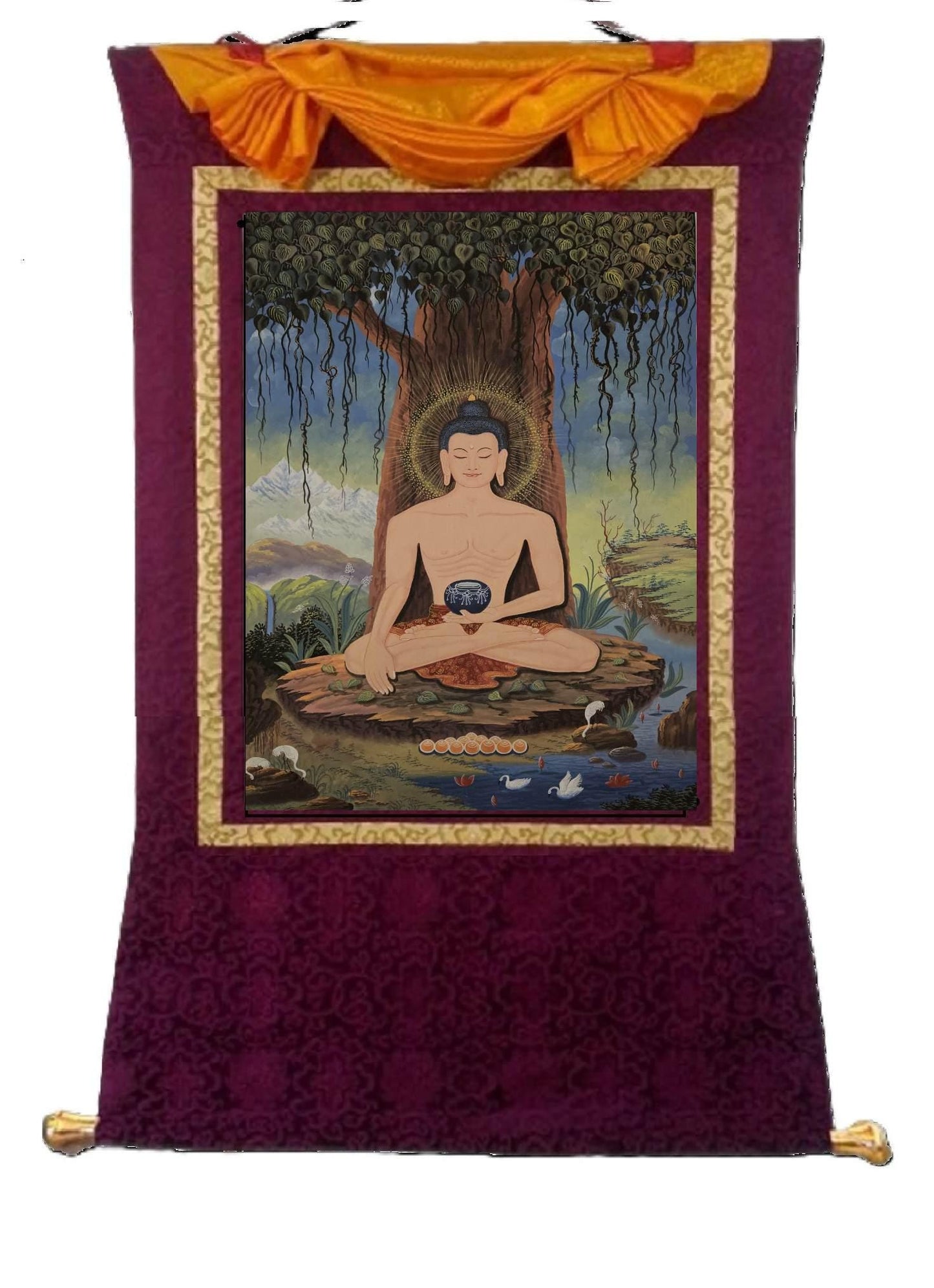 382. Newari Style Fasting Shakyamuni Buddha Thangka (Thanka). Free Brocade / Free Shipping.
