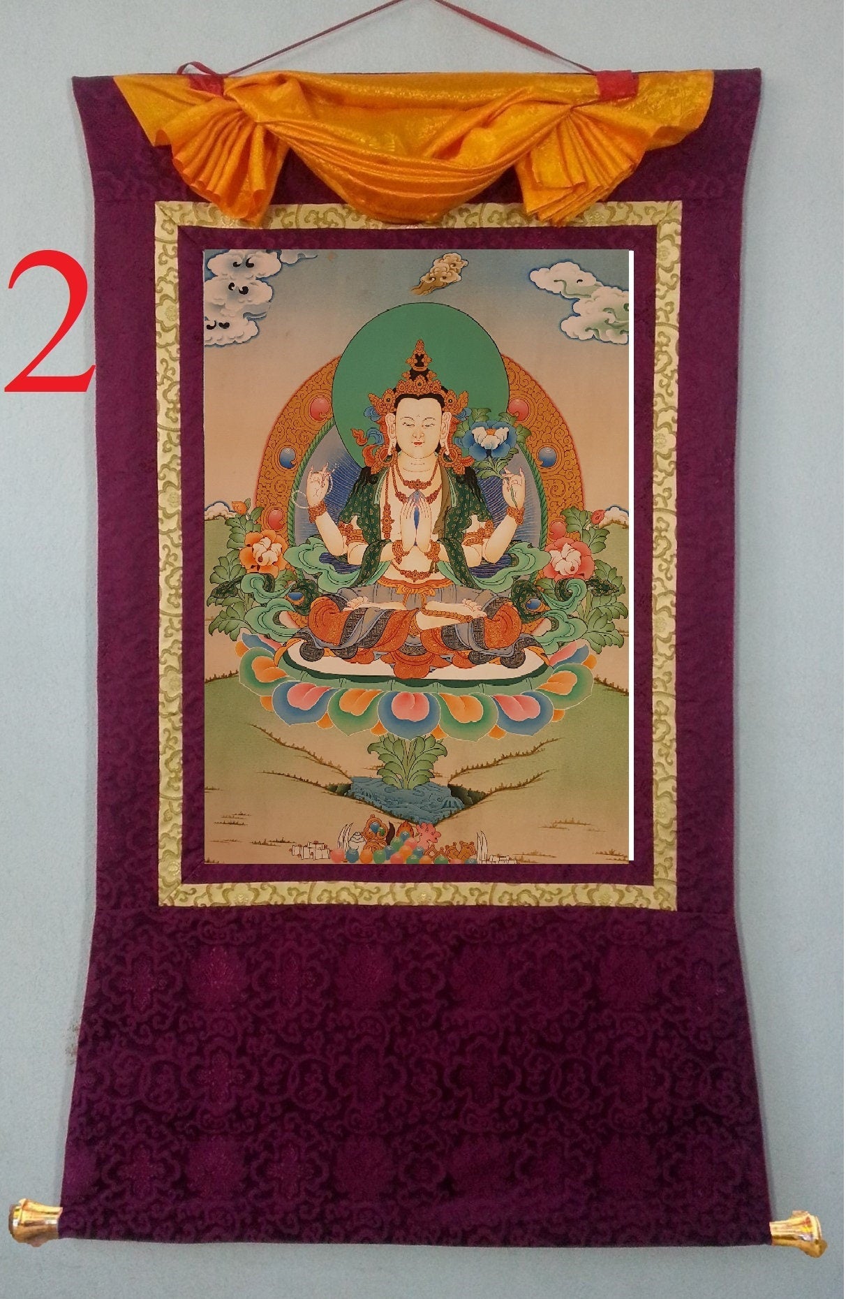 38. Chenrezig Thangka (Thanka).  Free Brocade / Free Shipping.