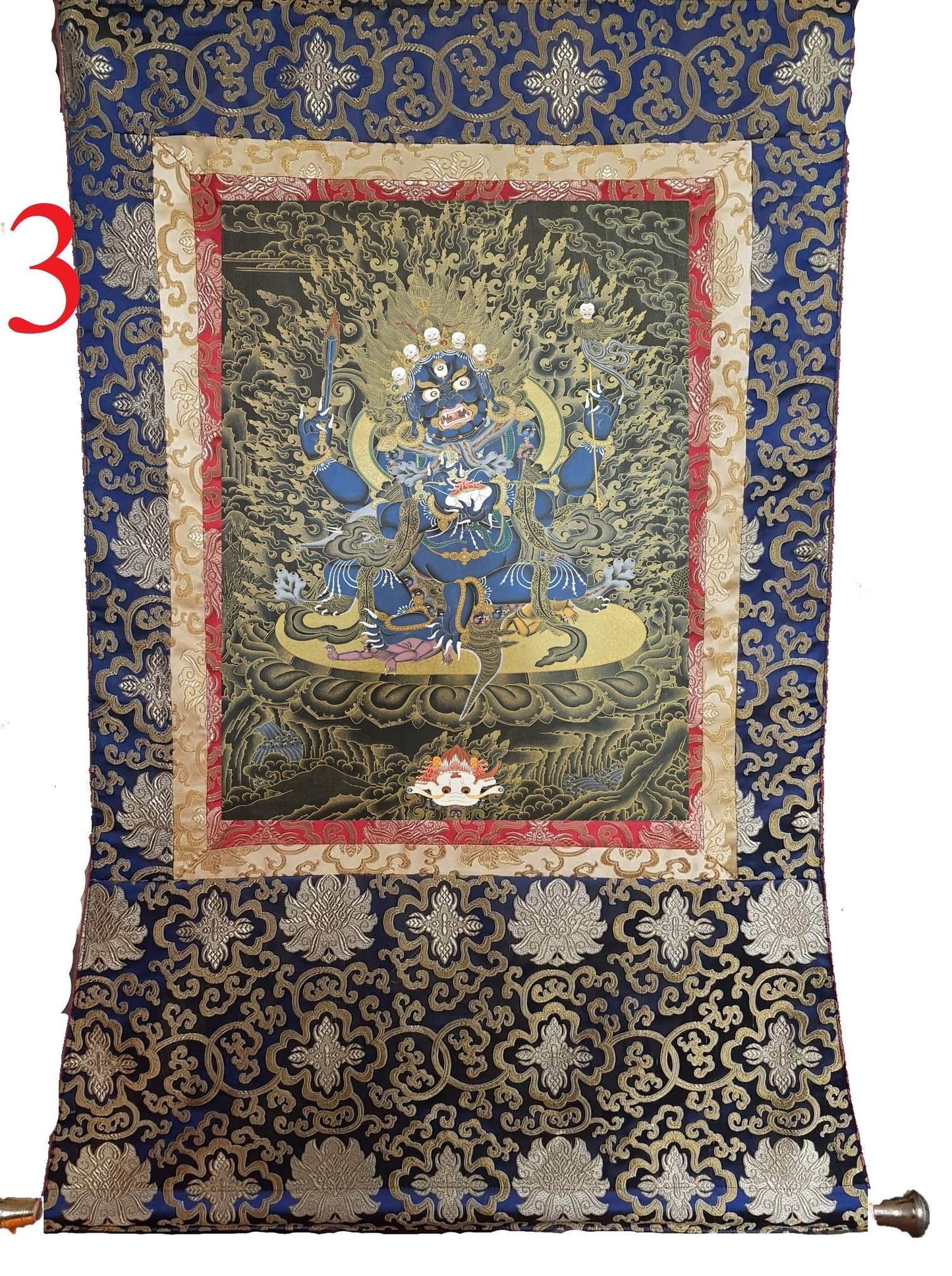 213. 4 Arm Mahakala Thanka (Thangka).  Free Brocade / Free Shipping.