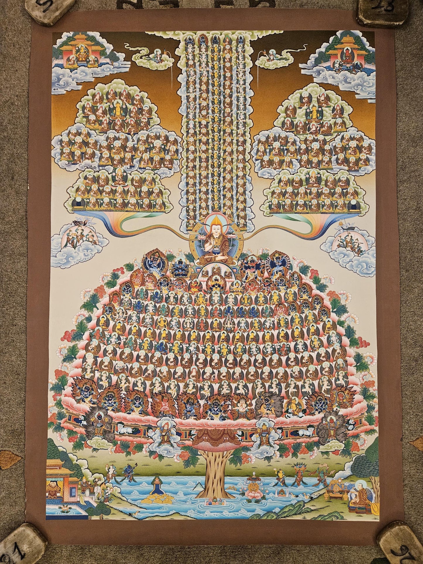 231. Gelug (Gelugpa) Lineage Tree Thangka (Thanka) Painting with 24 K Gold. Free Brocade / Free Shipping.