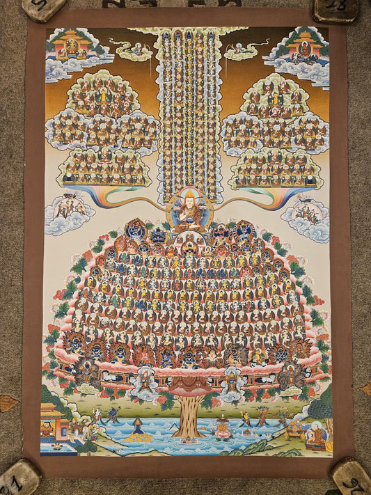 231. Gelug (Gelugpa) Lineage Tree Thangka (Thanka) Painting with 24 K Gold. Free Brocade / Free Shipping.