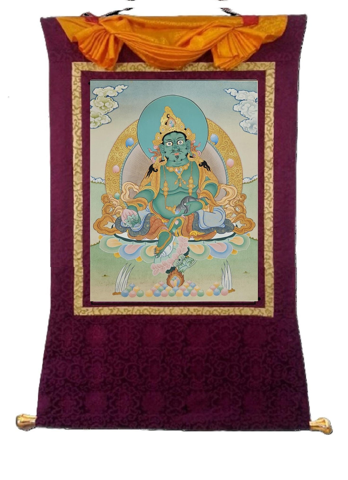 396. Green Jambhala or Zambhala Thangka (Thanka). Free Brocade / Free Shipping.