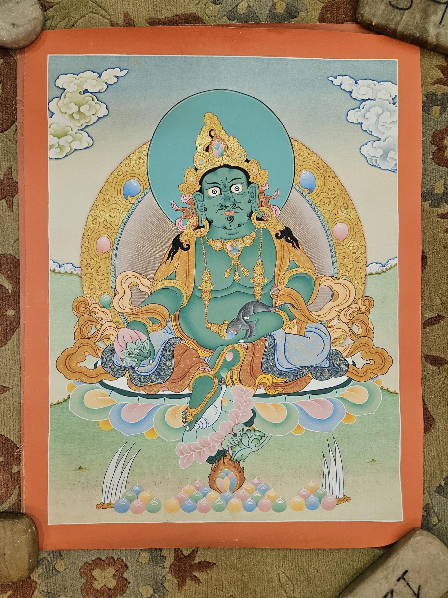 396. Green Jambhala or Zambhala Thangka (Thanka). Free Brocade / Free Shipping.