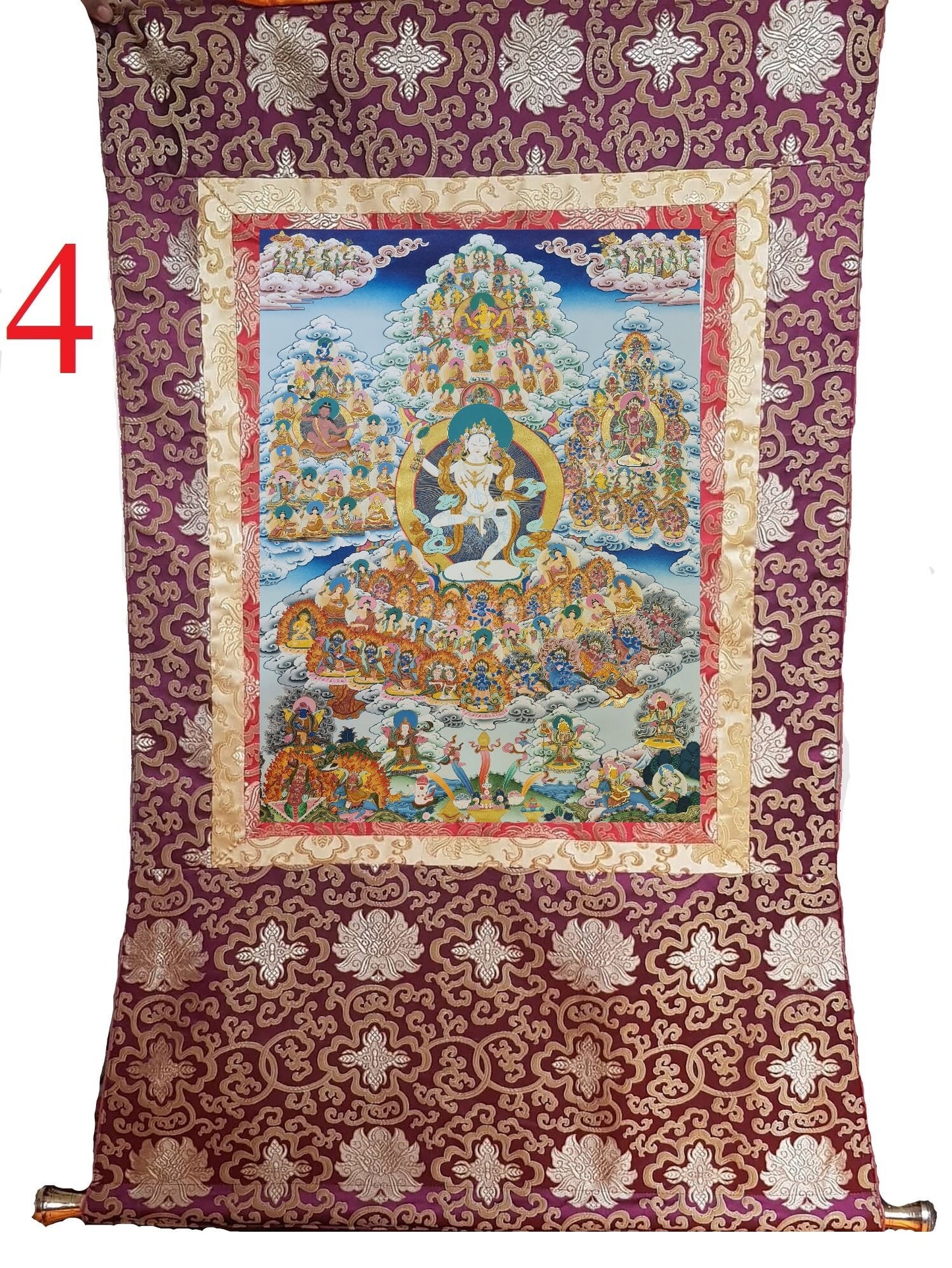 232. Machig Labdron Lineage Tree Thangka (Thanka) Painting with 24 K Gold. Free Brocade / Free Shipping.