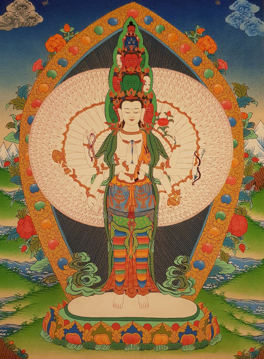 35. 1000 (Thousand) Arm Chenrezig Avalokiteshvara Thangka (Thanka). Free Brocade / Free Shipping.