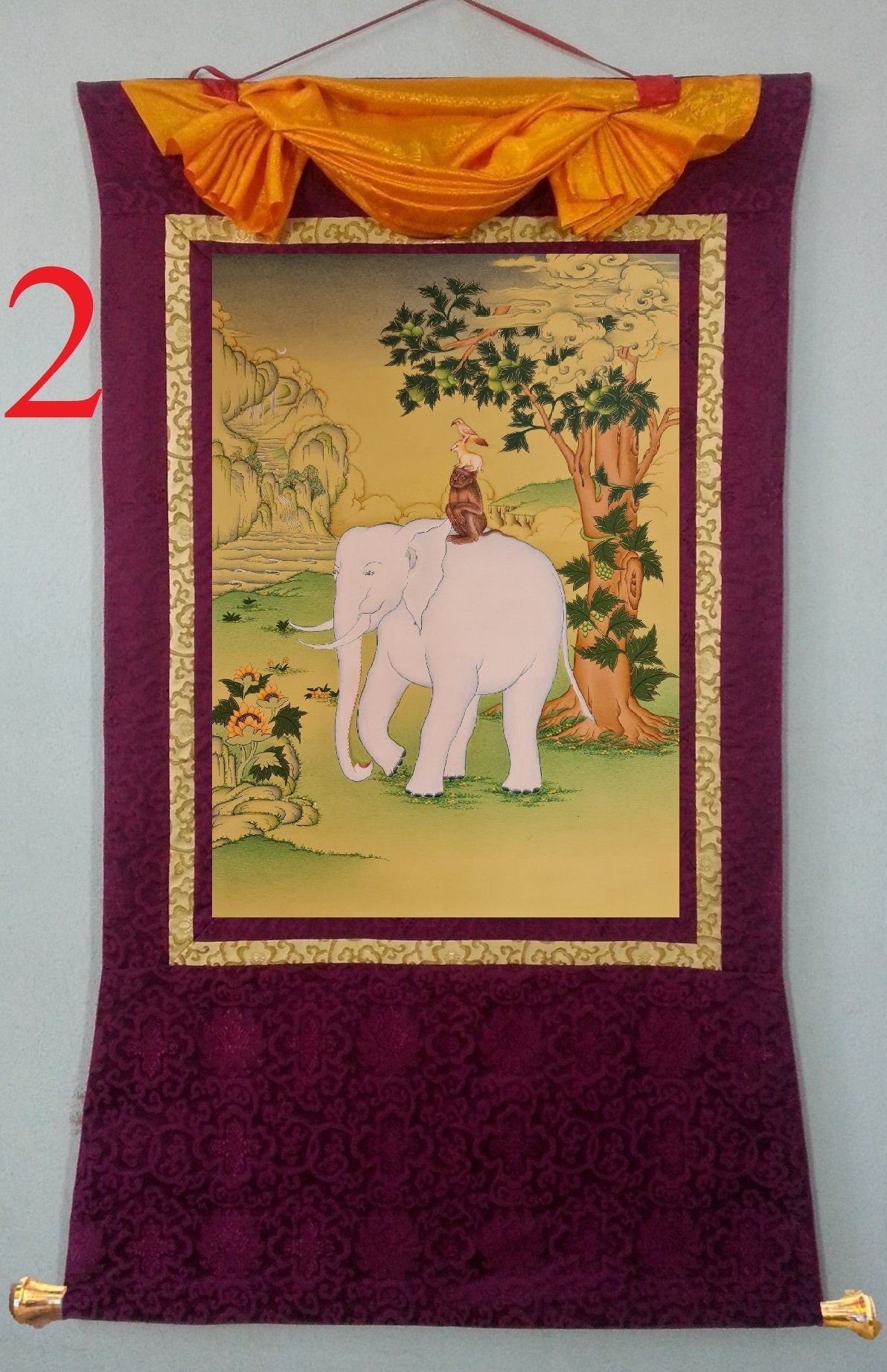 209. Four Friends or Harmonious Brothers Thangka (Thanka) Painting. Free Brocade / Free Shipping.