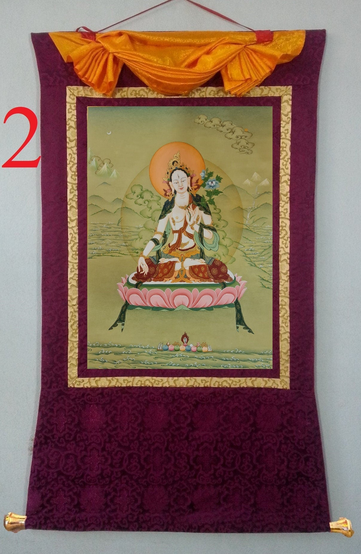 228. Karma Gadri White Tara Thangka (Thanka). Free Brocade / Free Shipping.