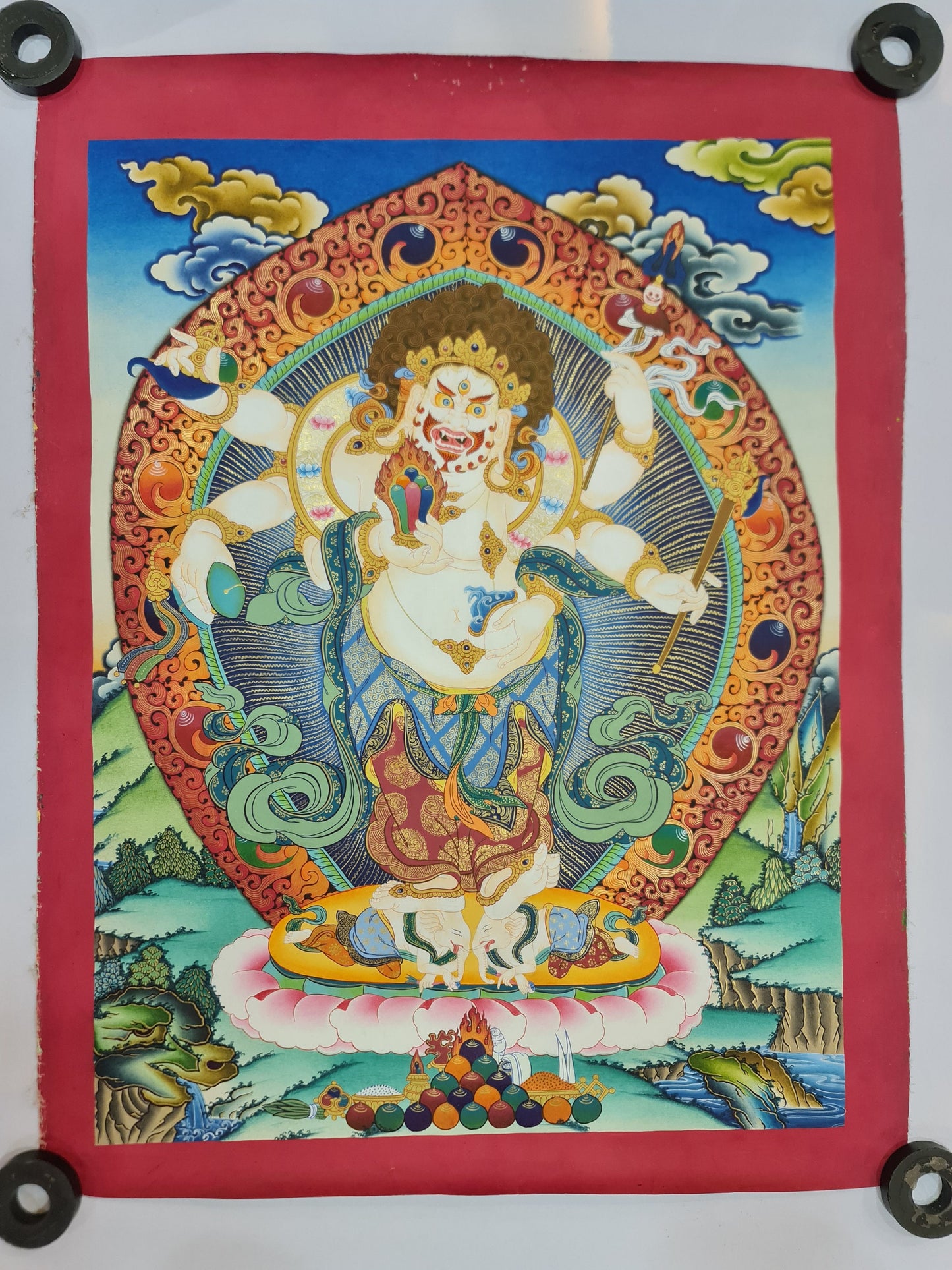 154. White Mahakala Thangka (Thanka). Free Brocade / Free Shipping.