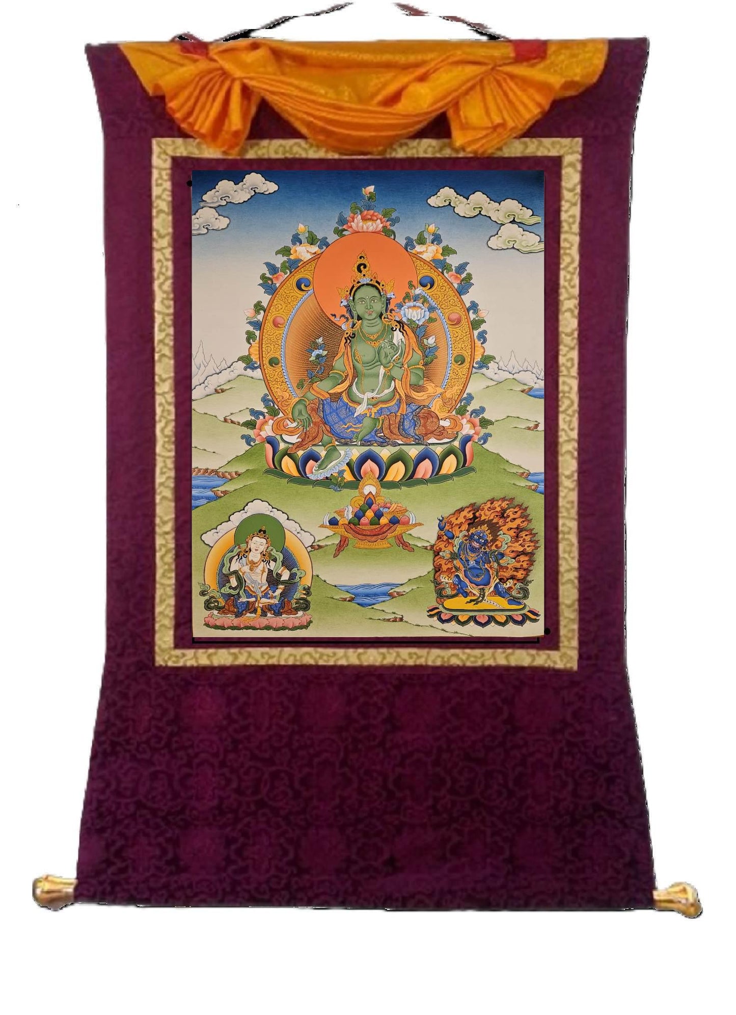 361. Green Tara with Vajrasattva and Vajrapani (Ayang Rinpoche) Thangka (Thanka). Free Brocade / Free Shipping.