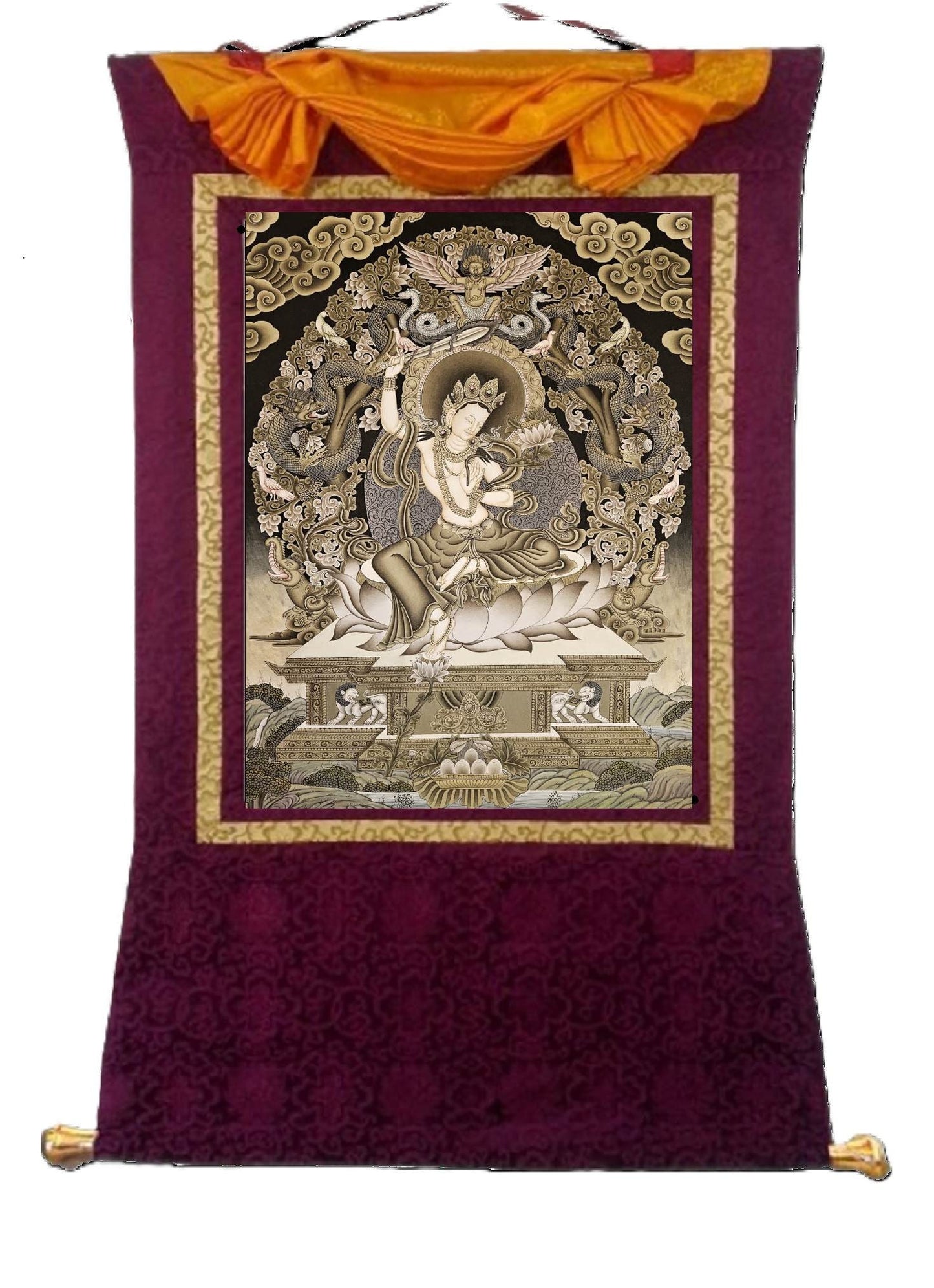 315. Manjushree (Manjushri) Thangka (Thanka) with Newari Fusion. Free Brocade / Free Shipping.