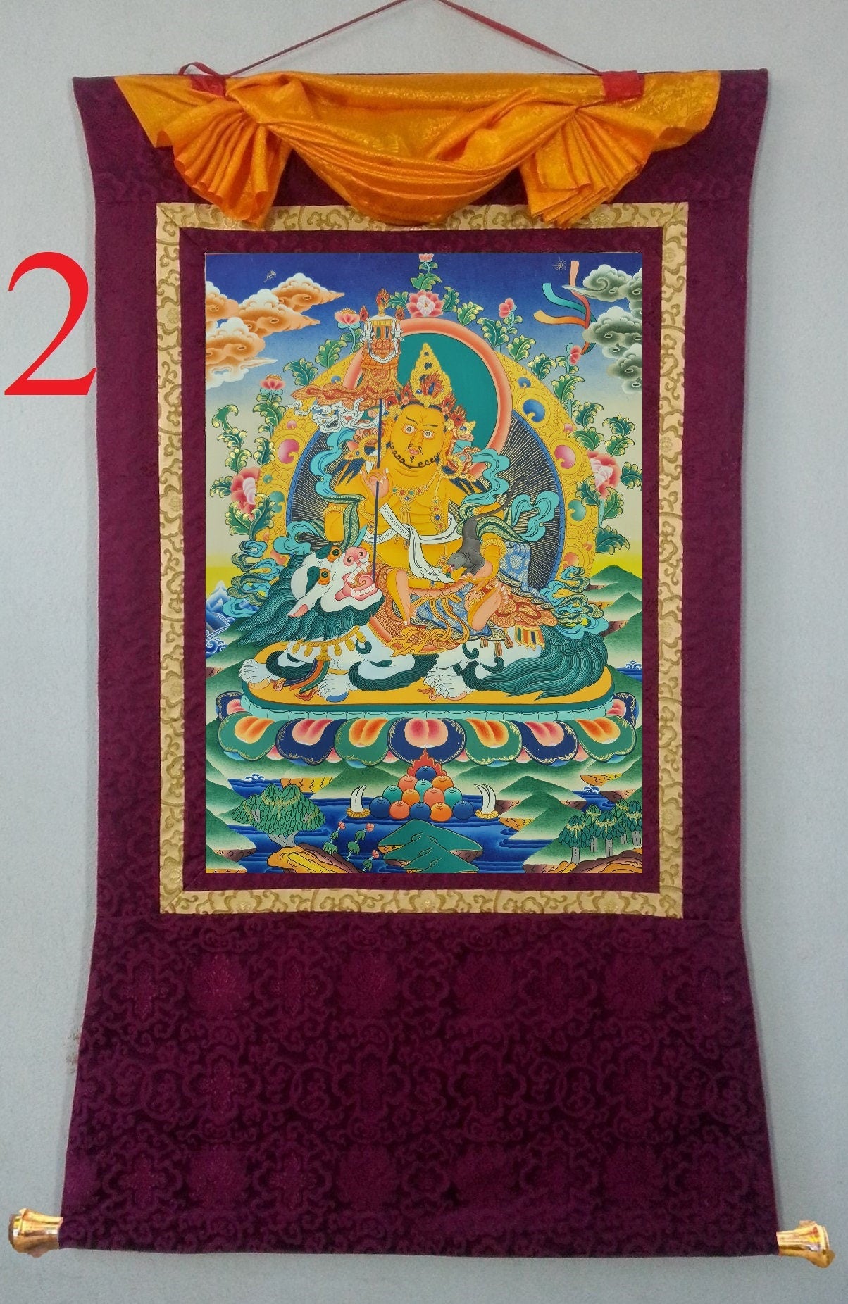 143. Namtoshe Jambhala or Zambhala Thangka (Thanka). Free Brocade / Free Shipping.