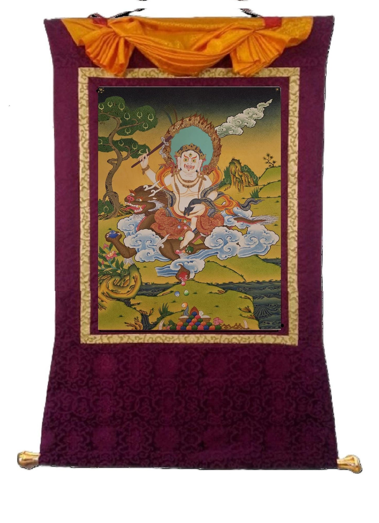 390. White Jambhala or Zambhala Thangka (Thanka). Free Brocade / Free Shipping.