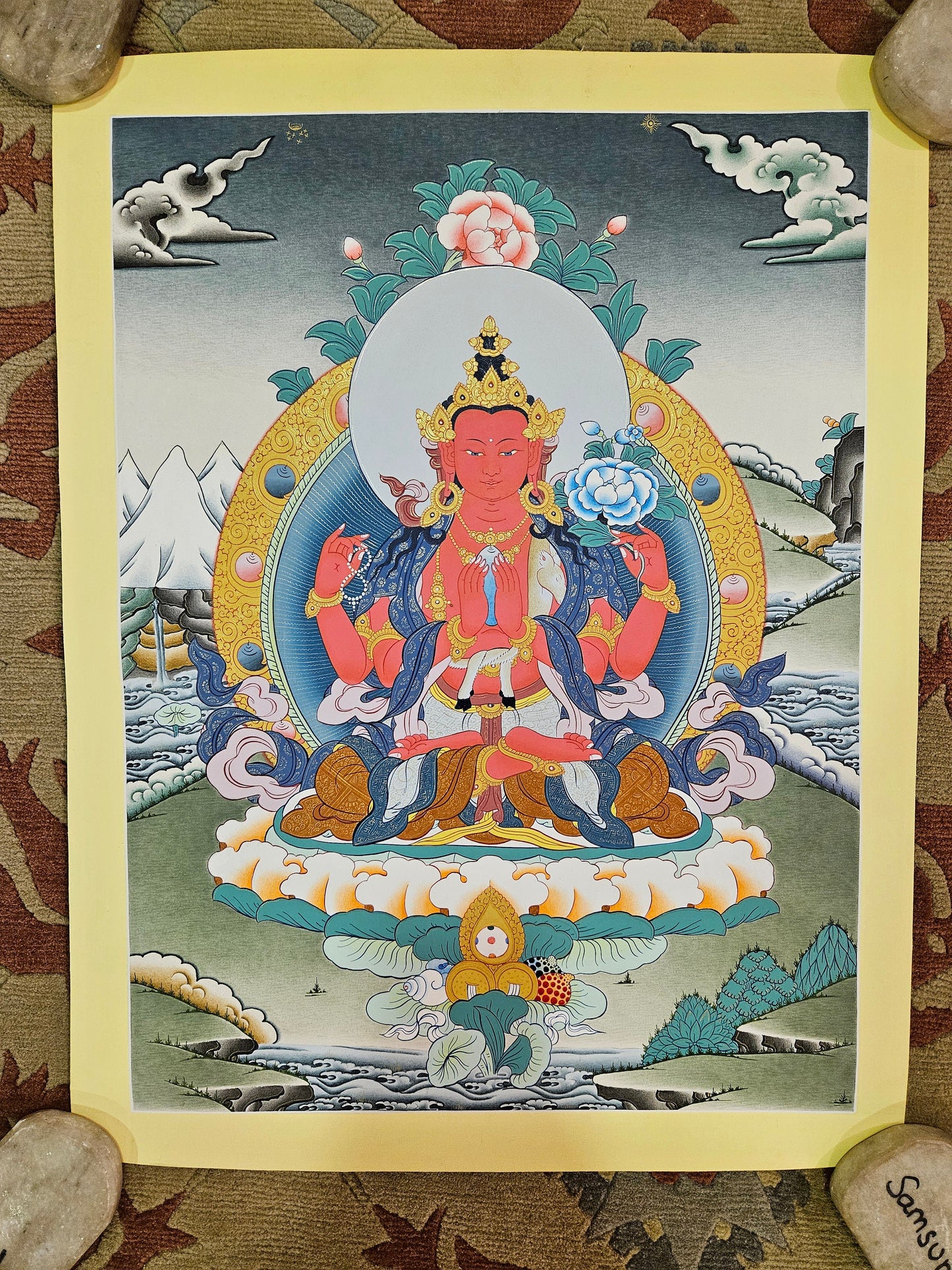 304. Gyalwa Gyatso (Red Chenrezig) Thangka (Thanka).  Free Brocade / Free Shipping.