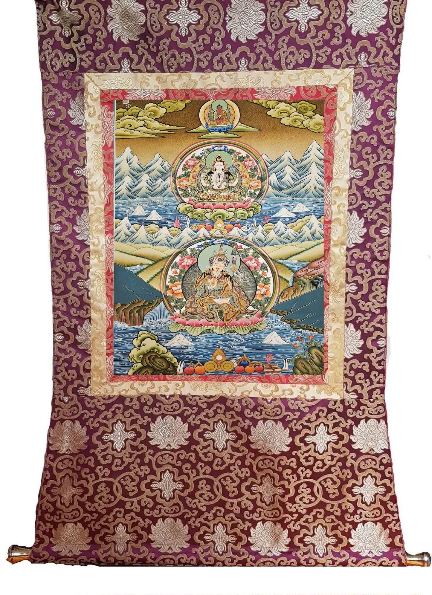 360. Triratna (Guru Rinpoche, Amitabha, Chenrezig) Thangka (Thanka). Free Shipping.