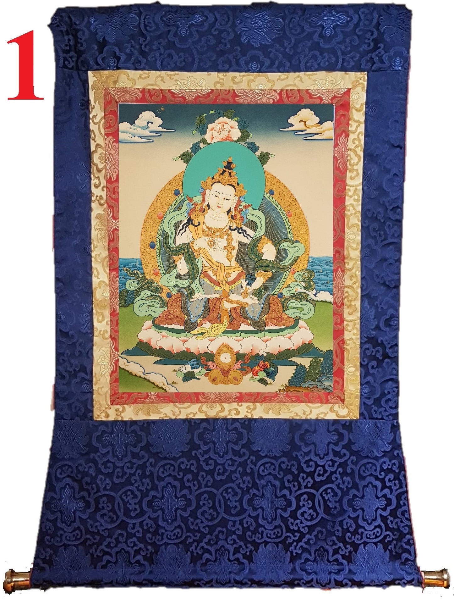 133. Vajrasattva Tibetan Thangka (Thanka) Painting. Free Brocade / Free Shipping.