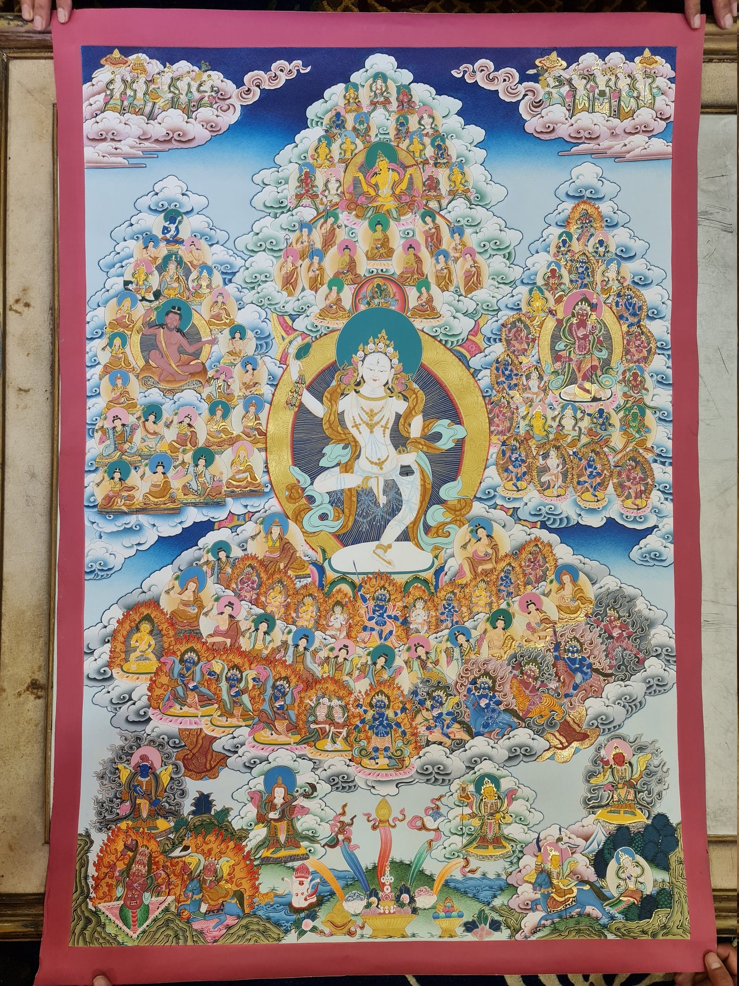 232. Machig Labdron Lineage Tree Thangka (Thanka) Painting with 24 K Gold. Free Brocade / Free Shipping.