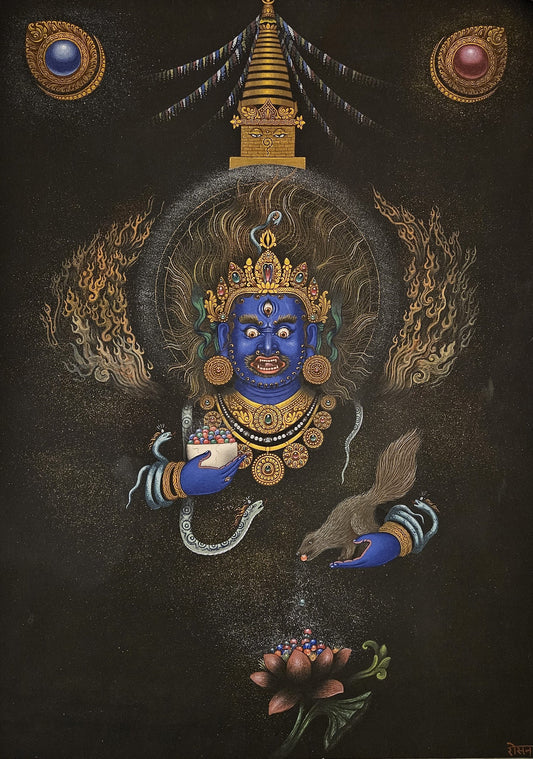 307. Black Jambhala or Dzambhala Newari Style Art Painting Paubha. Signed by the Artist. Free Shipping.