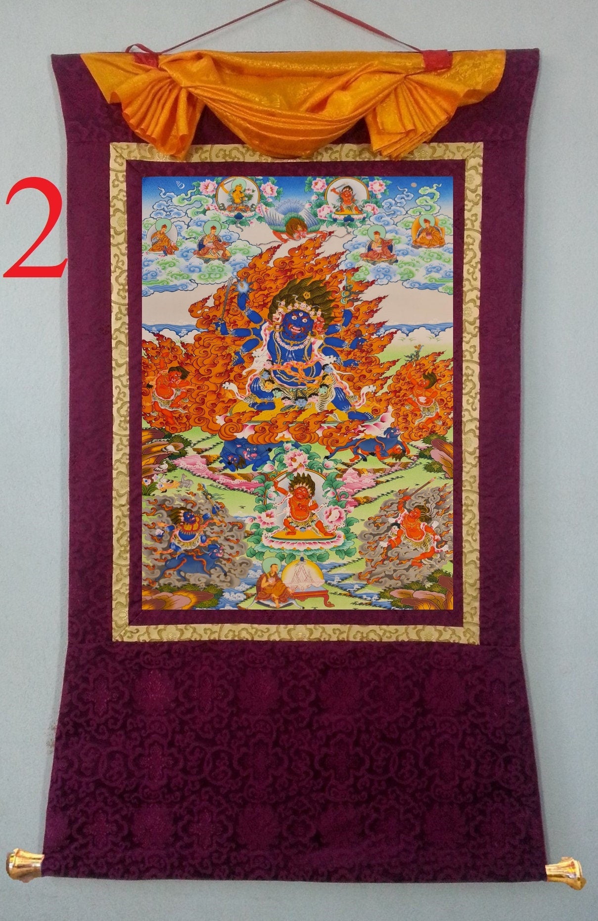 285. Drikung Kagyu Yamantaka Thanka (Thangka).  Free Brocade / Free Shipping.
