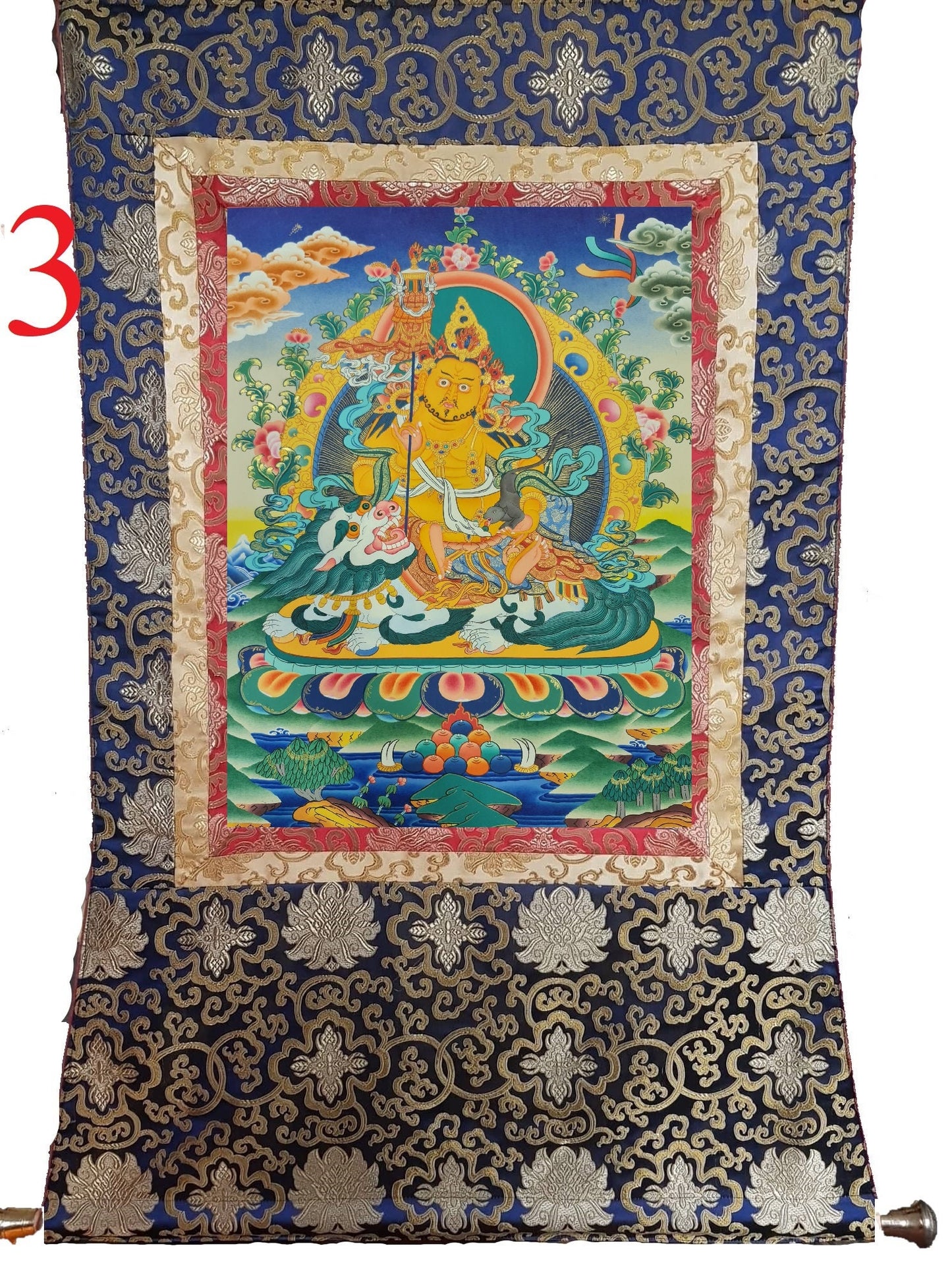 143. Namtoshe Jambhala or Zambhala Thangka (Thanka). Free Brocade / Free Shipping.