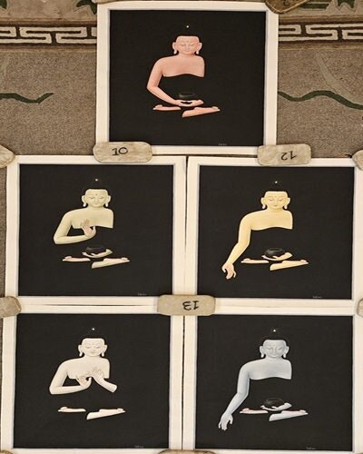 305. Five Pancha Dhyani Buddha Set Newari Art Paubha Thangka (Thanka). Signed by the Artist.  Free Shipping.