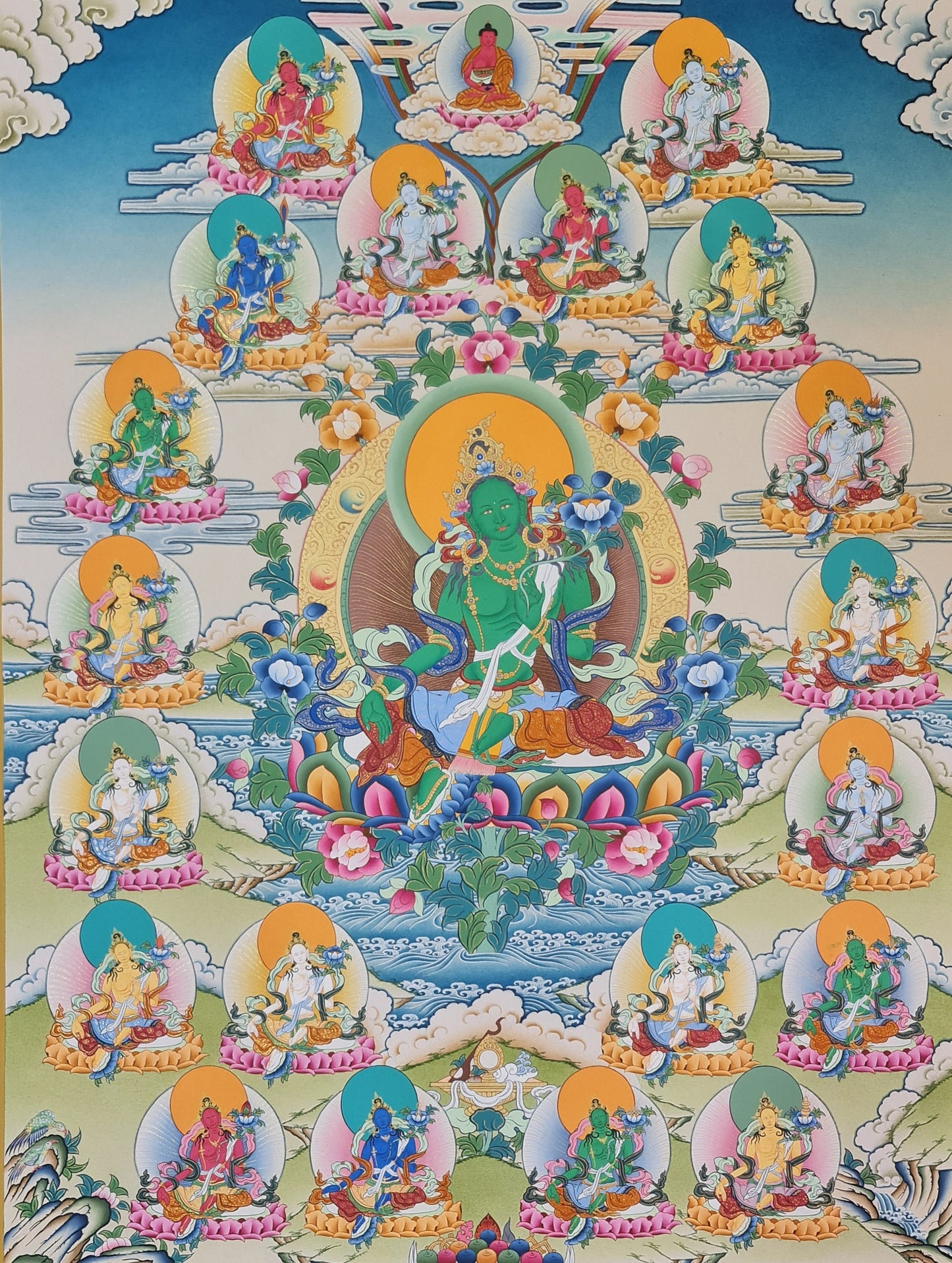 188. Green Tara with 21 Tara Thangka (Thanka). Free Brocade / Free Shipping.