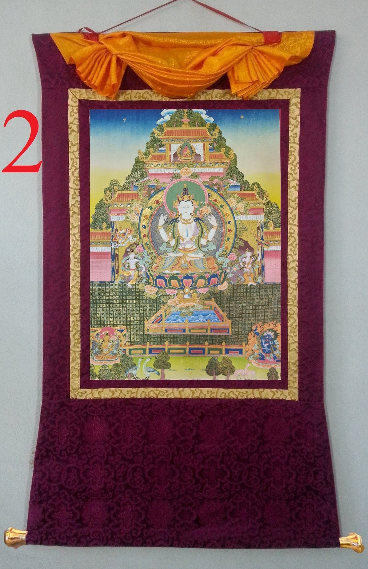 193. Chenrezig Thangka (Thanka).  Free Brocade / Free Shipping.