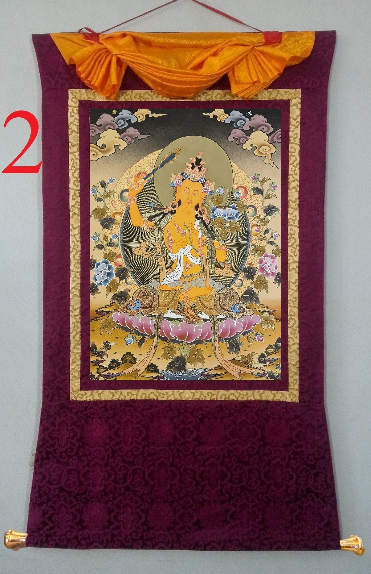 214. Manjushree (Manjushri) Thangka (Thanka). Free Brocade / Free Shipping.